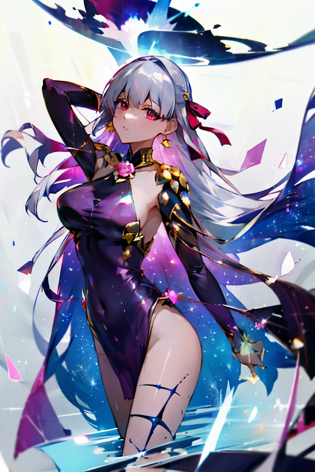 Kama holding a pink black hole, wearing a long evening dress with sleeves, shiny blue dress