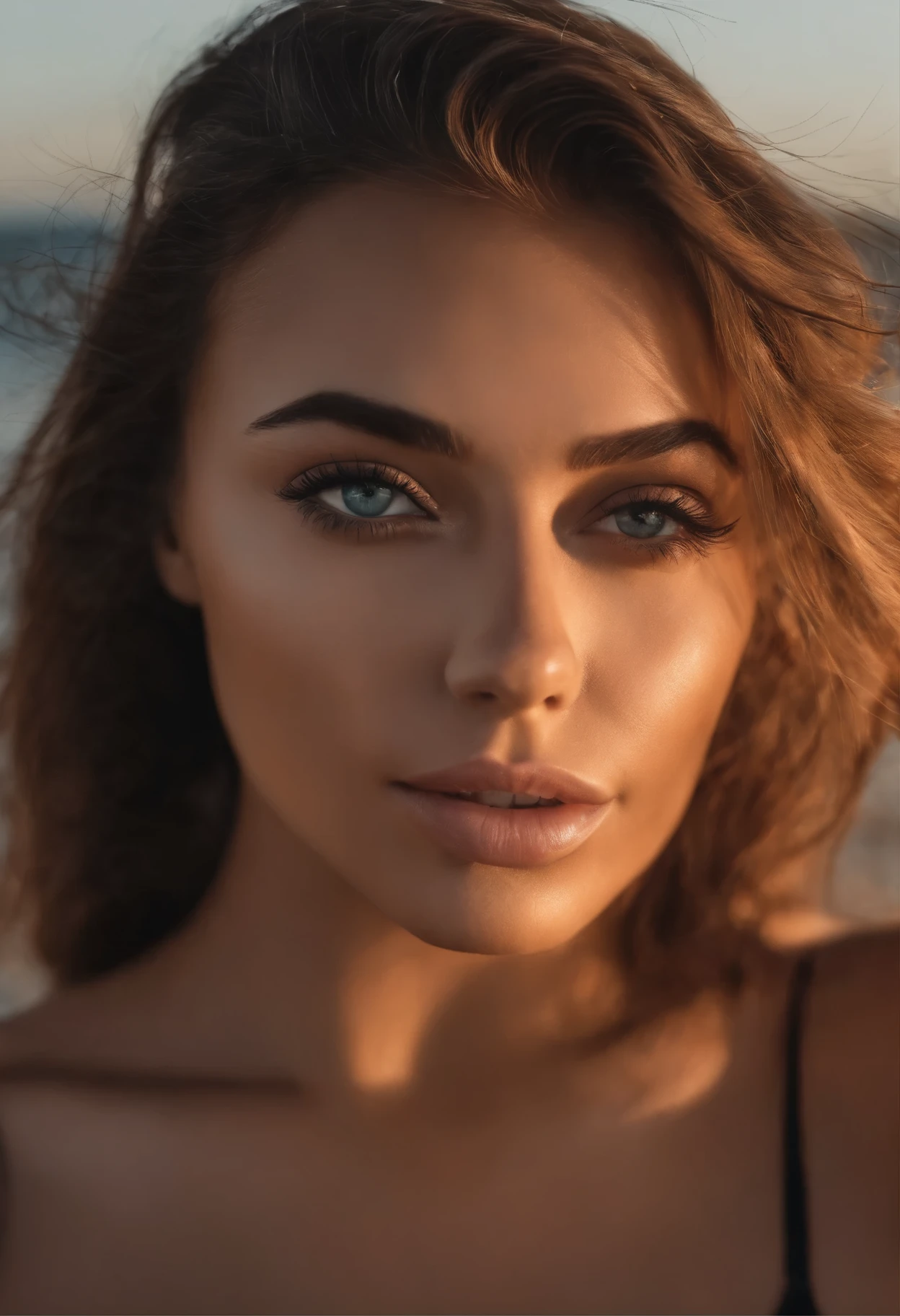 woman fully , sexy girl with brown eyes, ultra realistic, meticulously detailed, brunette hair, selfie of a young woman, bedroom , natural makeup, sexy bathingsuit face with artgram, stunning full body .on the beach large size bust;