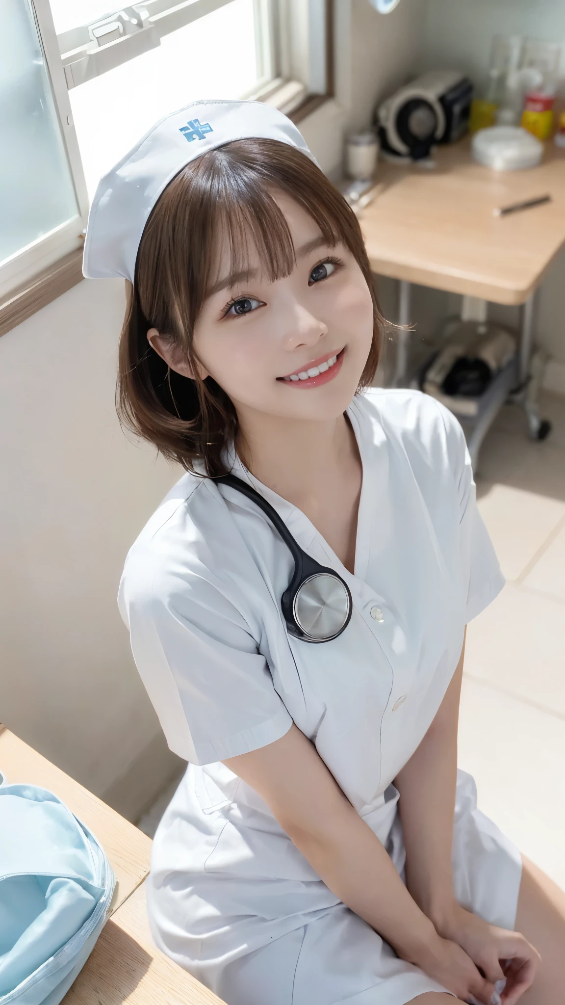 ((1 nurse,white nurse uniform、Basic Nurse Cap,All white,short white tight skirt,Photo seen diagonally from above,Take a photo from above,Look at me with a smile,looking at camera,look at the camera,Treatment room in a hospital room,have a clipboard,Take photos from up close to her)),very detailed顔、wear a stethoscope around your neck,double eyelid、white and clean teeth,brown eyes,chest enhancement,emphasize body line,smile at me lovingly、gentle expression、beautiful lips,Detailed depiction of the background of the hospital room,perfect lighting、Award-winning work,table top,Natural light,natural soft light)),((looking at camera,big smile,white teeth,A big smile,カメラを見つめるA big smile),((High-definition RAW color photo, professional photos, very delicate and beautiful, very detailed,finely, huge file size,best image quality,8k,Photo taken with a single-lens reflex camera、extreme intricate detail, 120k, ultra hd, masterpiece))