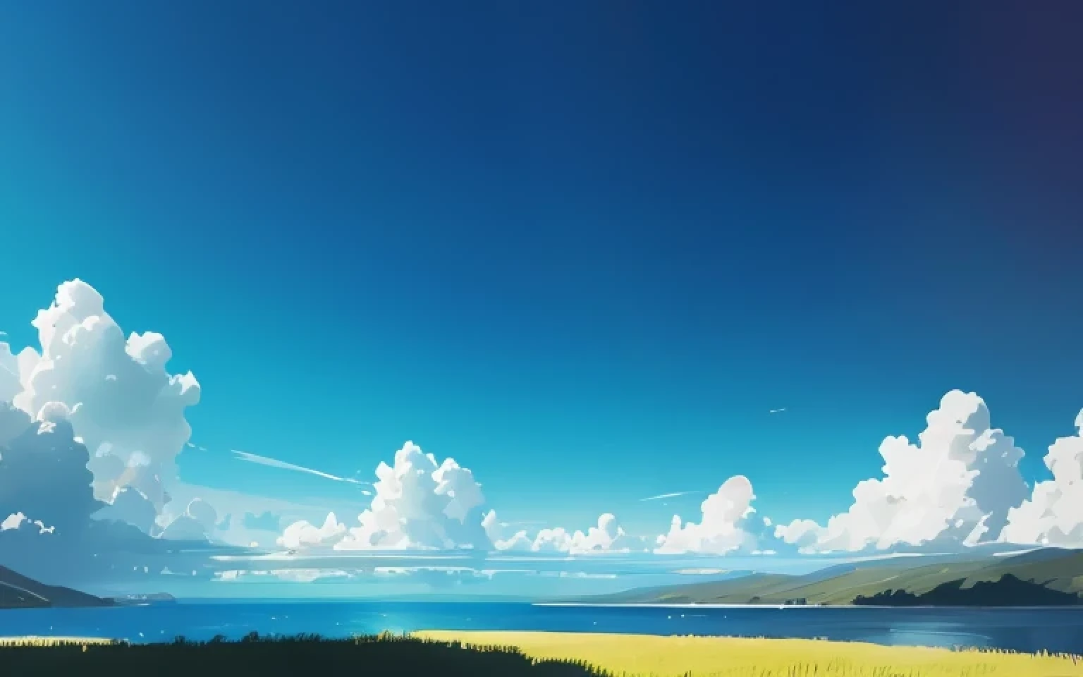 there is a picture of a beautiful landscape with a lake, detailed scenery —width 672, anime landscape wallpaper, blue sea. by makoto shinkai, anime landscape, concept art | rhads, anime countryside landscape, high quality desktop wallpaper, rhads!, anime background art, rhads!!!, by RHADS, 4 k hd wallpaper illustration, anime background