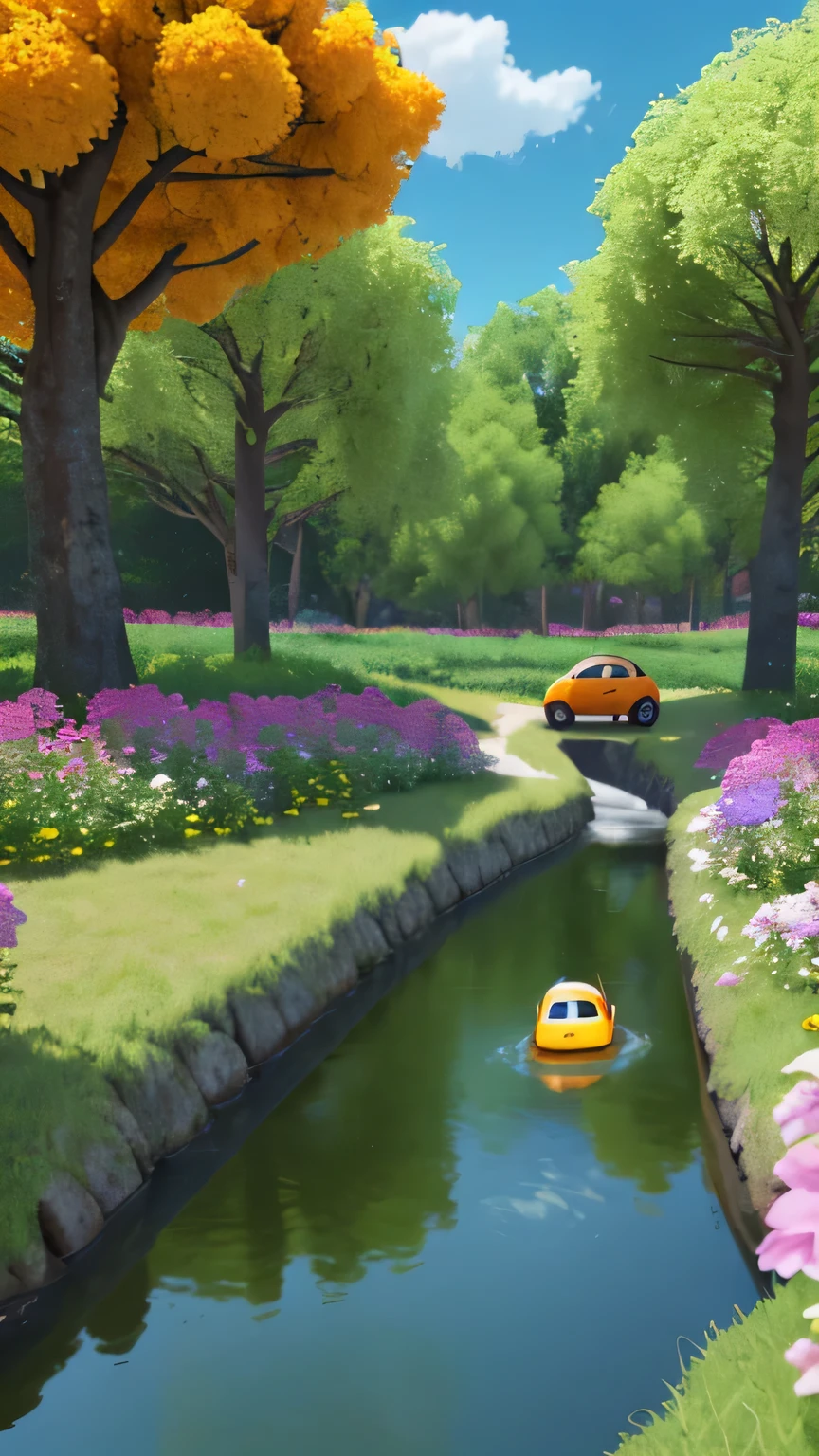 poster, Background Blue Sky White Clouds Pixar Style, 3D, Cute walking on the ground riding an orange cute metallic electric car, surrounded by some woods, flowers and stream, cartoon cute, lots of details, The sense of space in the front and back is clear at a glance, Photos need to have an impact