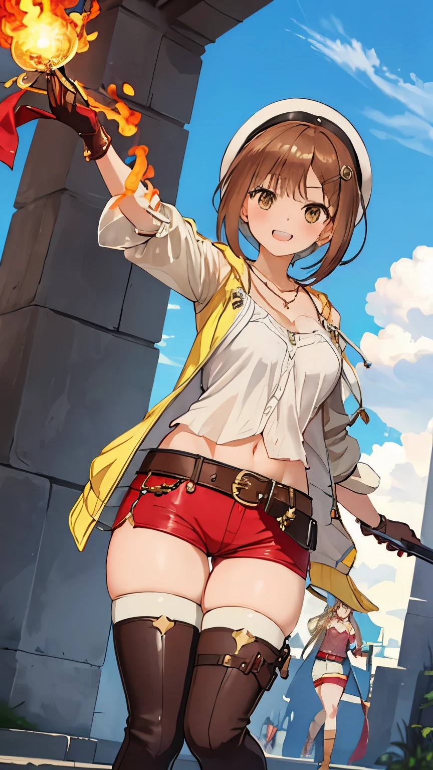 Ryza, 1 girl, alone, shorts, gloves, belt bag, have, head ribbon, jewelry, red shorts, brown hair, thighs thighs thighs, short shorts, bridal leg wear, necklace, brown eyes, single glove, hair ornaments, Barrette, star necklace, shoes without toes, leather, star (symbol), white hat, Brown gloves, Knee-high boots, short hair, thighs thighs thighs, leather Belt, brown belt, leather gloves, Jacket, blue belt, belly button, thigh boots, ノースリーブJacket, thigh pouch, white thighs, clavicle, 黄色のJacket, brown shoes, cleavage, huge breasts, ((Pose of waving a cane)), ((alchemy)), ((Putting out flames from the wand)), ((fire magic)), ((fire effect)), (happy smile),midriff peak, ((angle from behind))