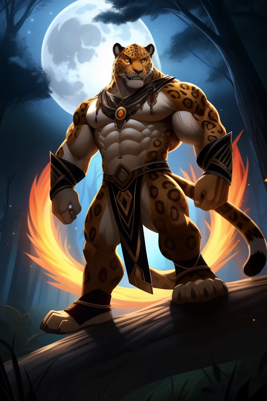 A majestic being, half man and half Jaguar, lurks in the heart of a dark forest. Around him, the Lua Cheia (Full Moon) casts a clear and radiant glow, illuminating the dense foliage. Striking a thoughtful pose on a mossy log, this ethereal figure is a sight to behold.
With muscles rippling beneath his taut, toned skin, the man-Jaguar hybrid wears his powerful feline features proudly. His jagged teeth glint in the moonlight, while his piercing amber eyes hold an intensity that speaks of an ancient wisdom and primal strength. Clad only in a loose, minimal