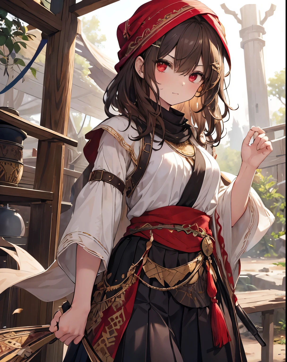 masterpiece, 1girl, sparrow, a brown haired girl, wearing an arabian medieval herbalist clothes, curly medium hair, messy hair, slim body, wearing adventurer clothes, she close her left eye, shirt ornament, angry expression, red eyes, stand at forest, medium breasts, batik skirt, pleated skirt, arabian turban