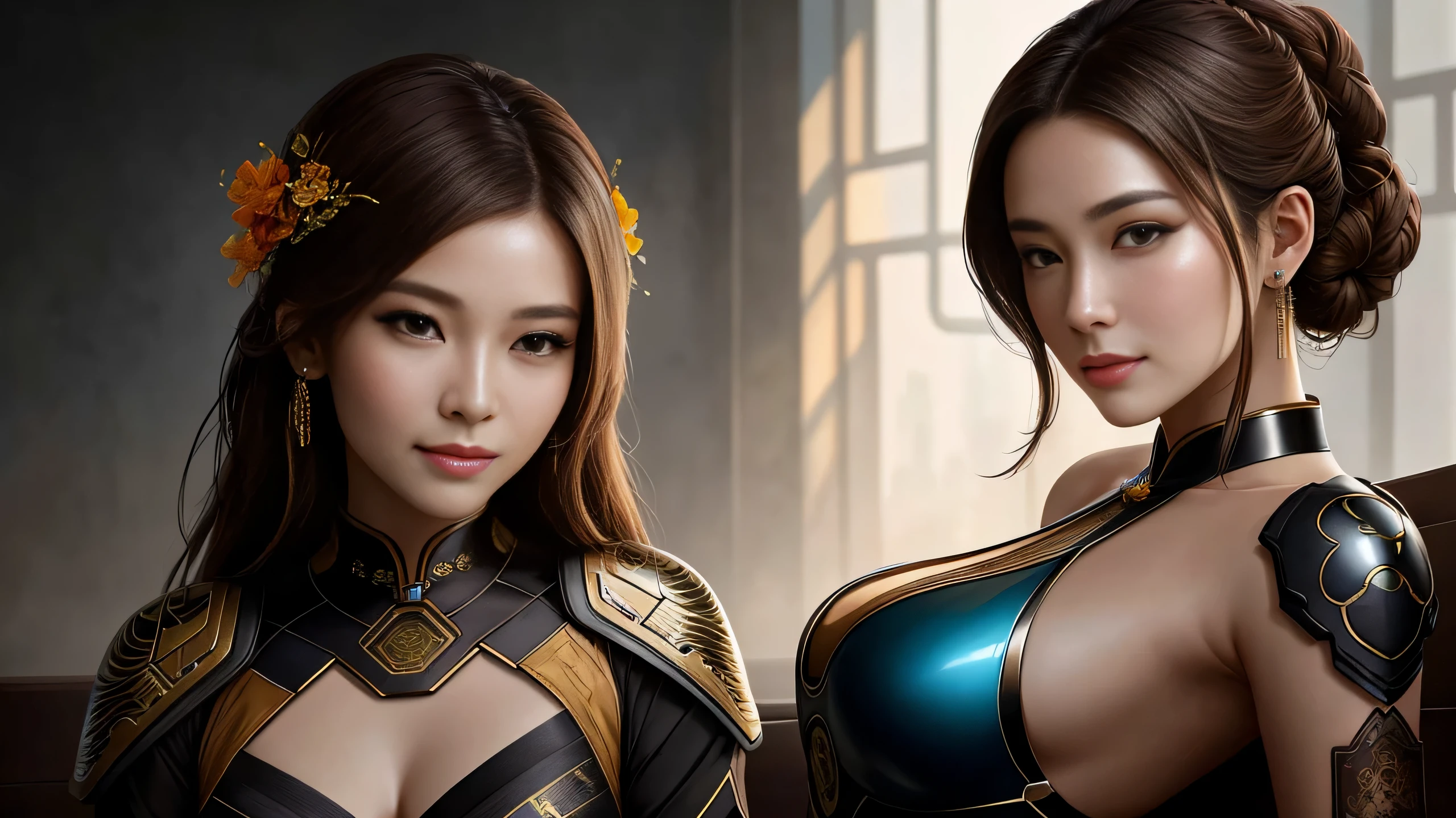 8k portrait of beautiful cyborg with brown hair,Complex,grace,very careful,majestic,digital photography,Artistic germination and art of Nguyen Jia and Greg Rutkowski Surrealist painting cheongsam,Broken glass star fragments,side slit,Exquisite and beautiful eyes:1.2 ), human development report,smile,perfect body,(lie:1.3),
