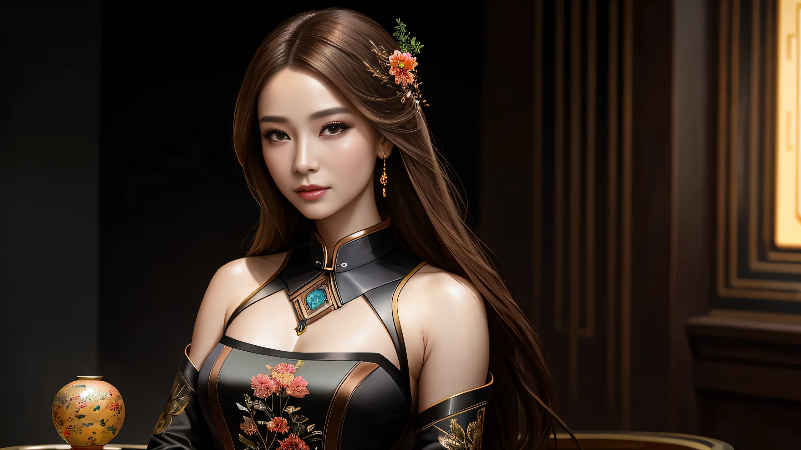 8k portrait of beautiful cyborg with brown hair,iintricate,ellegance,Highly meticulous,A majestic,Digital photography,The artistic germination and art of Nguyen Jia and Greg Rutkovsky Surrealist painting cheongsam,brokenglass,(tmasterpiece,Sideslit,exquisite and beautiful eyes:1.2 ), Human Development Report,