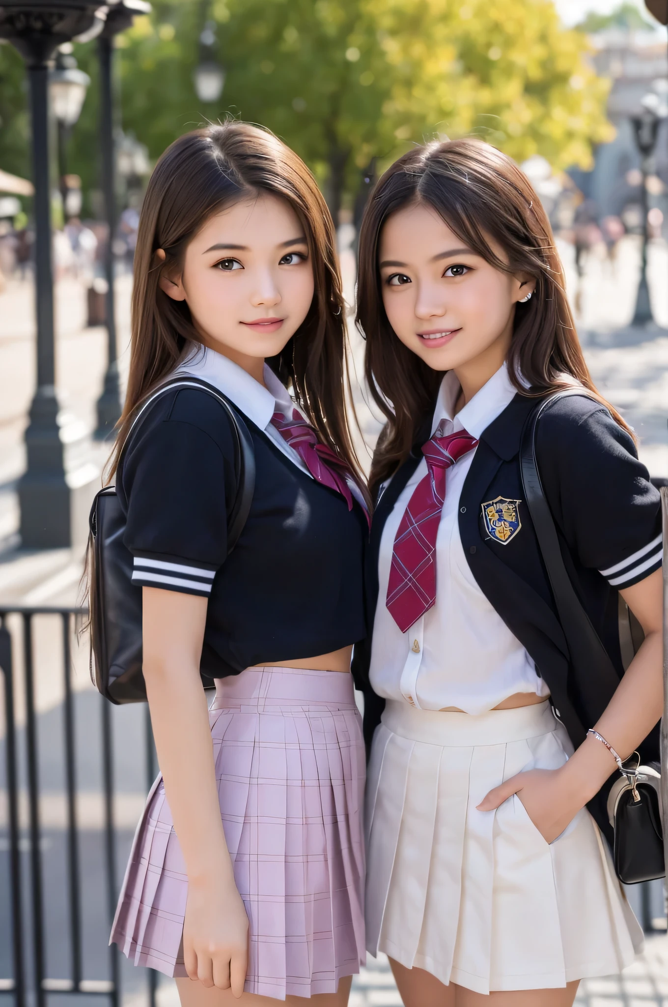 (two young girls:1.3), (very detailed美しい顔), wonderful face and eyes, (highest quality:1.4), (super detailed), (very detailed CG 統合 8k 壁紙), very detailed, High-definition RAW color photo, professional photography, realistic portrait, wonderful face and eyes, pink eyes, (high school uniform, pleated mini skirt:1.3), Smile, outdoors, Disneyland, Cinderella Castle, Disneyland ornament, Depth of the bounds written,