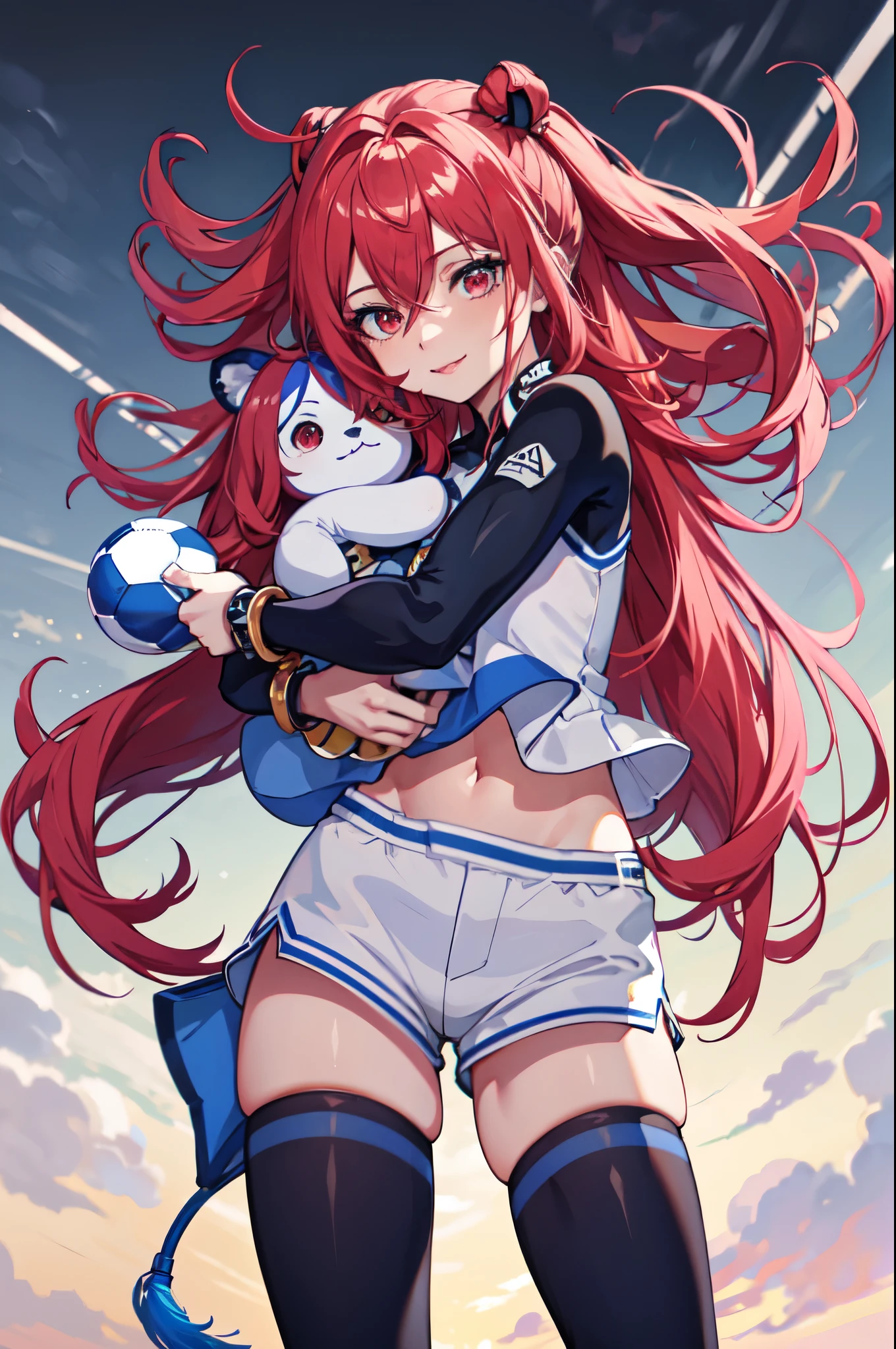 ((Best quality)), ((Masterpiece)), (Hinge), Perfect face, red eyes, red long hair, male, blue and red clothes, cowboy shot, Chigiri Hyoma, soccer ball, sports outfit, feminine, small build, tiger plushie, red aura, (detailed, sharp details:1.3),(masterpiece:1.3), 1boy, innocent expression, skin texture, cute,  (masterpiece, best quality, high quality, highres, ultra-detailed:1.1), male solo, masterpiece, anime,  masterpiece,  full body, outdoors, masterpiece, best quality, ultra-high-detailed, (White and tender skin), refined appearance,  well-defined muscle lineasterpiece, best quality:1.2), looking at viewer, smile, glowy eyes, solo, beautiful red eyes, floating hearts, amazing 4k artstyle, cool eyes, cool eye effects, radiating lights, sanpaku, 1 male, male character, long hair, holding a soccer ball, short sleeves, big thighs and ass, amazing 4k style, 8k, hands on hips, blushing, holding a rope, fishnet thigh highs, 2 pink bracelets, open arms hug 