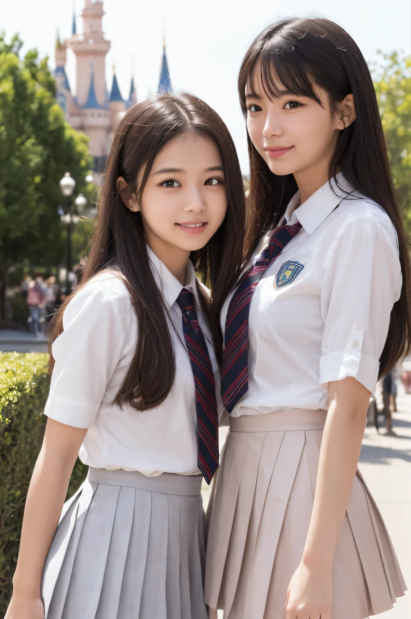 (two young girls:1.3), (very detailed美しい顔), wonderful face and eyes, (highest quality:1.4), (super detailed), (very detailed CG 統合 8k 壁紙), very detailed, High-definition RAW color photo, professional photography, realistic portrait, wonderful face and eyes, pink eyes, (high school uniform, pleated mini skirt:1.3), Smile, outdoors, Disneyland, Cinderella Castle, Disneyland ornament, Depth of the bounds written, 