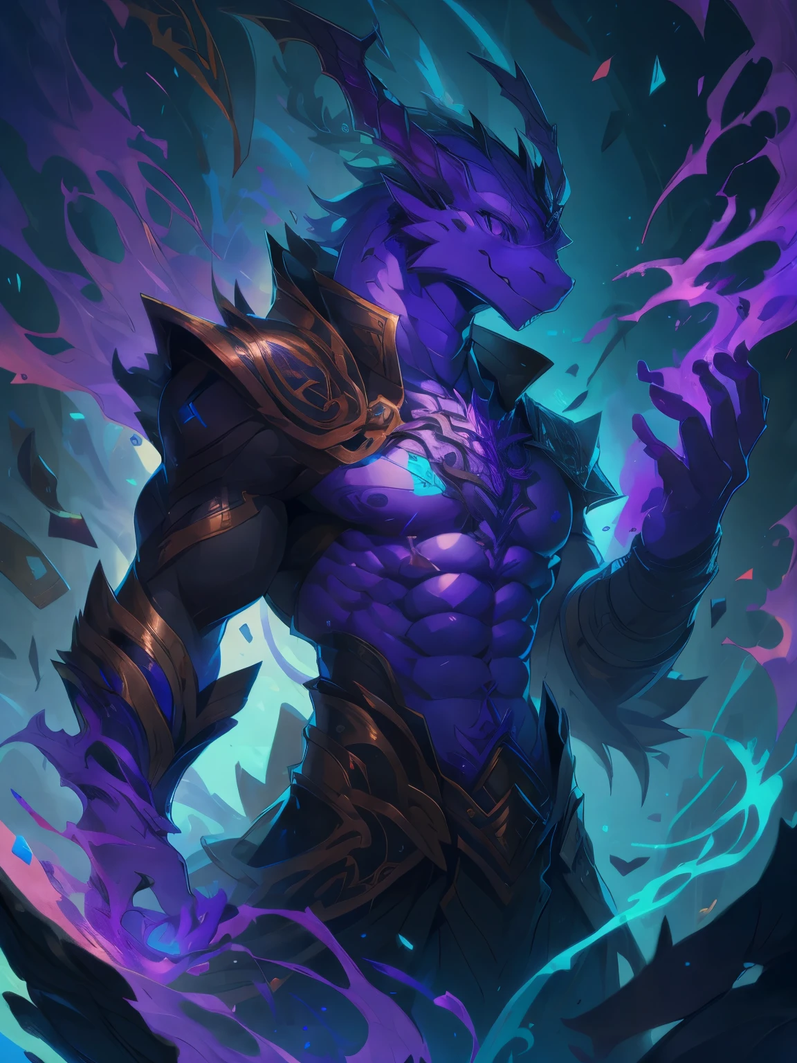 male, furry, Dragon anthro, purple eyes, (Realistic eye details 1.2), abs, Perfect centralization, V0id3nergy, delight, Standing position, Abstract beauty, centre, Looking at the camera, Facing the camera, nearing perfection, Dynamic, highly  detailed, Liso, sharp focus, 8K, A high resolution, illustration, Art by Carne Griffiths and Wadim Kashin