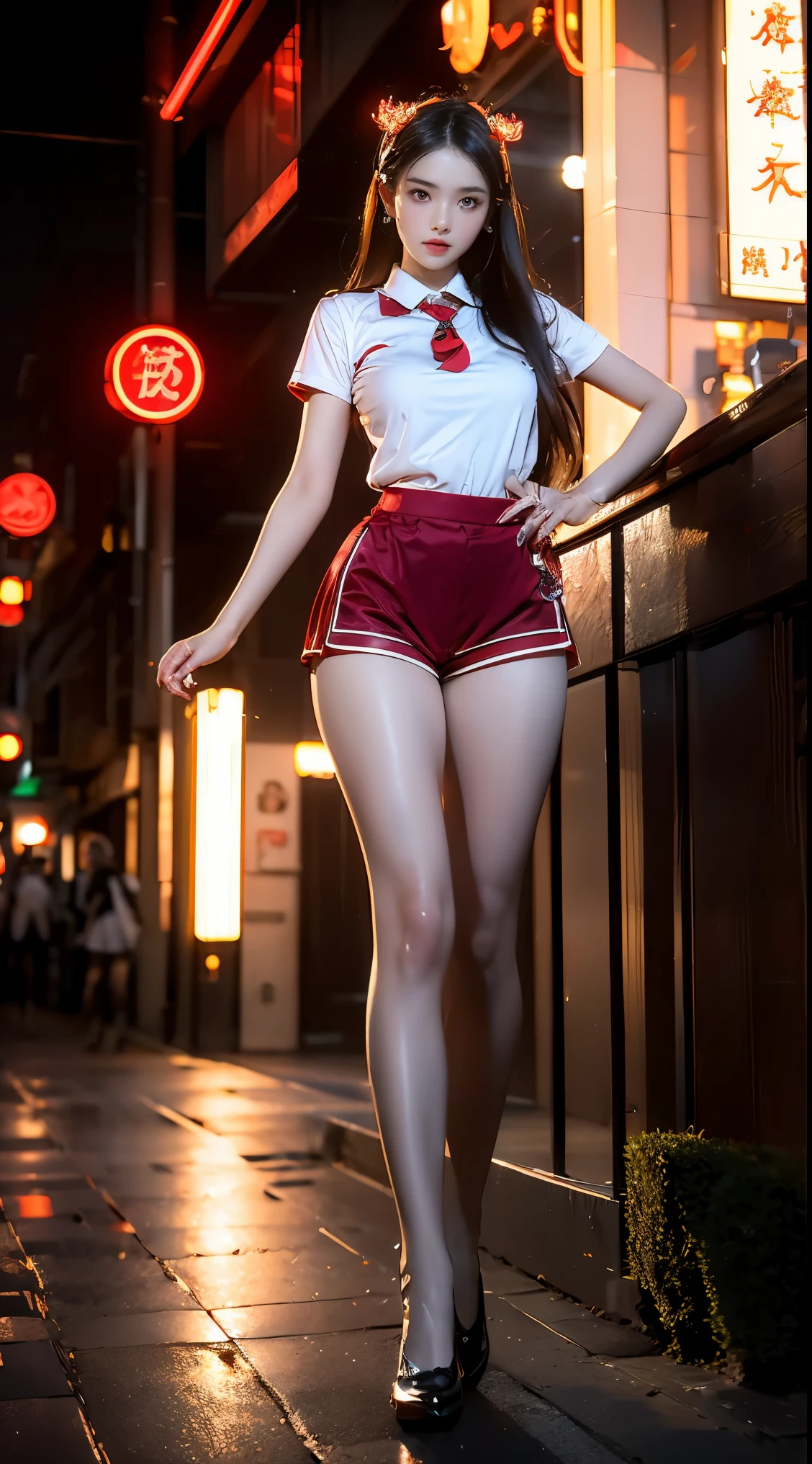 masterpiece,best quality,high resolution, 1 girl,from below,(The legs are very thin and straight),,(legs are very long,straight legs),,High heel,long legs,stand up, Leg length when viewed from the front, Perfect body,Have perfect legs,(Exterior),Full body female love,cyberpunk characters,dynamic poses,1 girl,exquisite eyes,brown eyes,eye shadow,make up,long white hair, Detailed face, delicate eyes, looking at the audience, blush\(make up\), full lips, red lips,(long white hair:1.3), (stand up)mechanical static,machine summon,(hair accessories:1.1),Headgear,((((red school uniform,short shorts)))),(black stockings),City,Luminous winding,,cyberpunk lamp:1.1),neon lights,Fully mechanical and futuristic elements,science and technology,背景是一條中國傳統的street,China Town, street, sky sky, cyberpunk characters, paper lantern, Neon Super Resolution,(Realism:1.3),1(Slim:1.2),dramatic lighting,Vibrant details,Luxury Cyberpunk,complex background,Render by Octane,