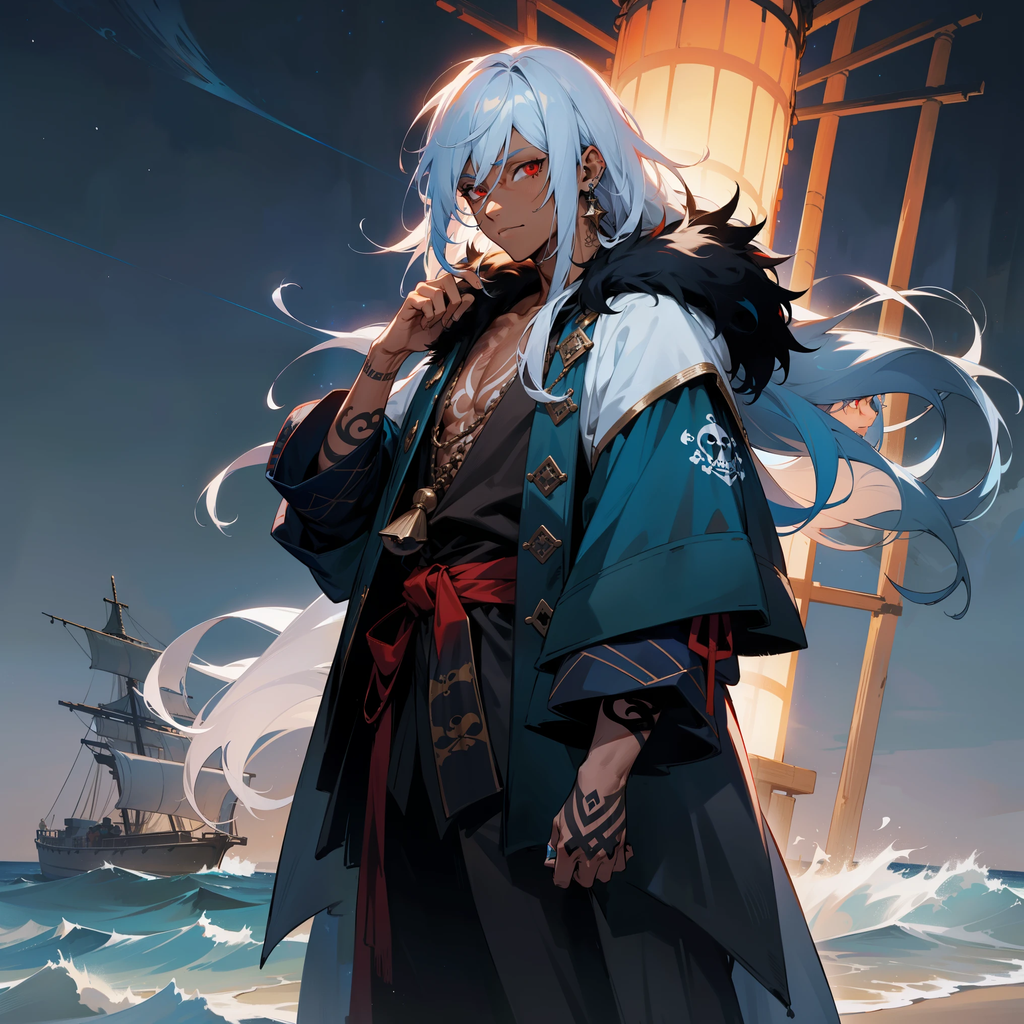 1male, young adult, pirate, dark skin, messy medium length white hair with blue streaks, tattoo, oversized fur hood, loose long sleeve v neck shirt, pirate clothing, finely detailed red eyes, earrings, male, standing on beach, night sky, starry sky, lanterns