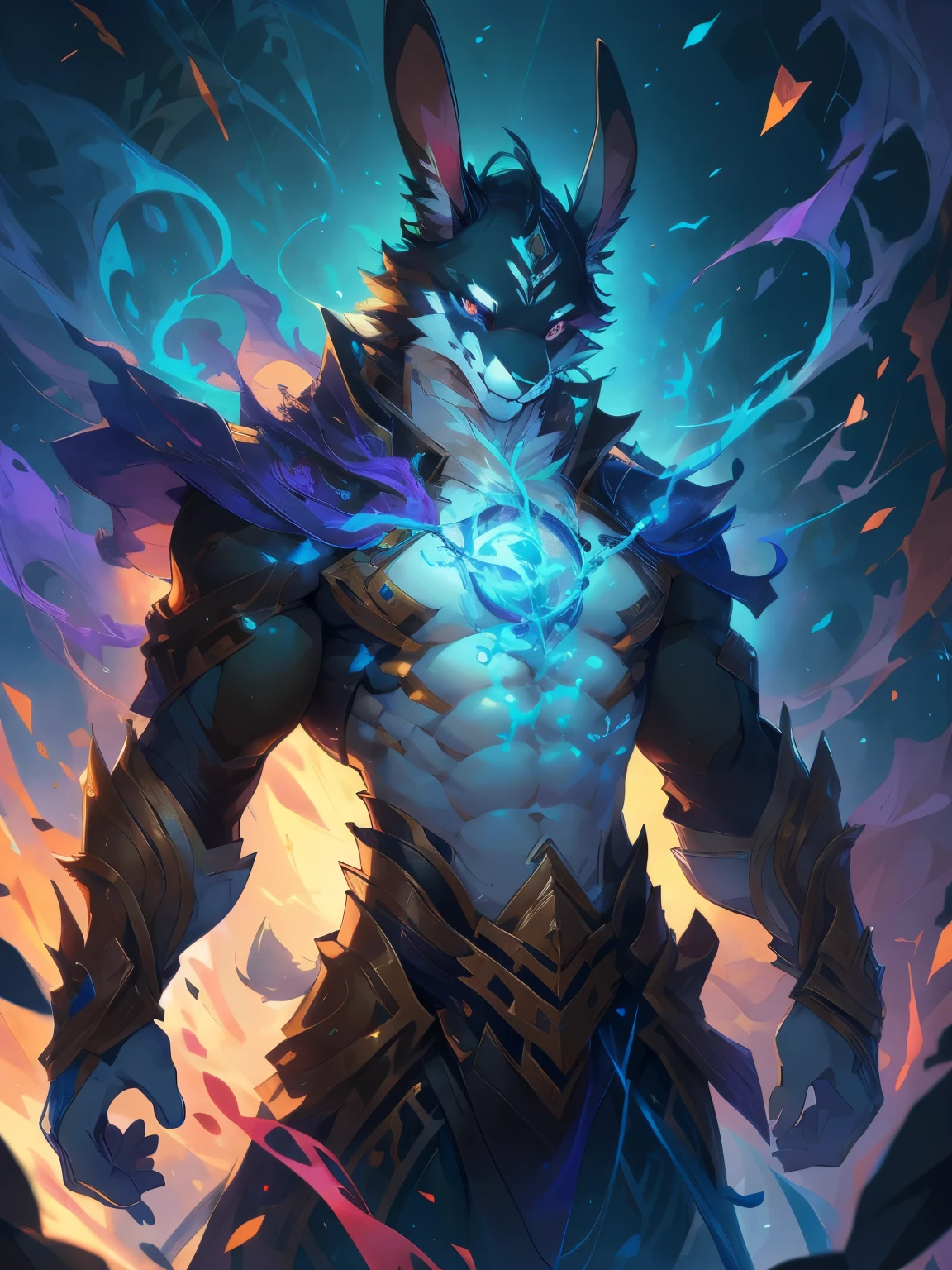 male, furry, Rabbit anthro, white eyes, (Realistic eye details 1.2), abs, Perfect centralization, V0id3nergy, delight, Standing position, Abstract beauty, centre, Looking at the camera, Facing the camera, nearing perfection, Dynamic, highly  detailed, Liso, sharp focus, 8K, A high resolution, illustration, Art by Carne Griffiths and Wadim Kashin