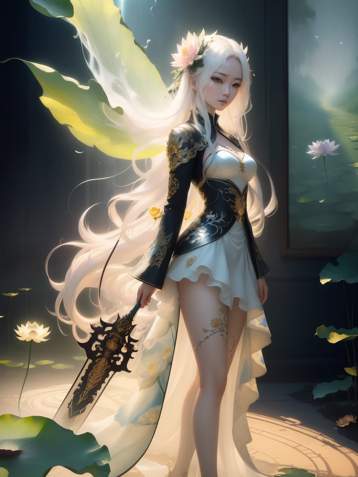 slight turn camera left, oil painting, brush strokes, paint splashes, colorful, masterpiece, best quality, ultra detailed wallpaper, 1 beautiful fairy, white semitransparent short dress, long curly hair, , ((light passing through hair:1.3)), (high contrast, official art, extreme detailed, highest detailed), she stands on a lotus flower, surreal dreams lotus field in the backgroung, surreal dreamscape, (best quality,4k,8k,highres,masterpiece:1.2),ultra-detailed, portrait, (( digital painting by zeen chin and ruan jia and huang guangjian)), expressive pose, studio lighting,vibrant colors,dramatic lighting,contrast, , Meticulous details, intricate details