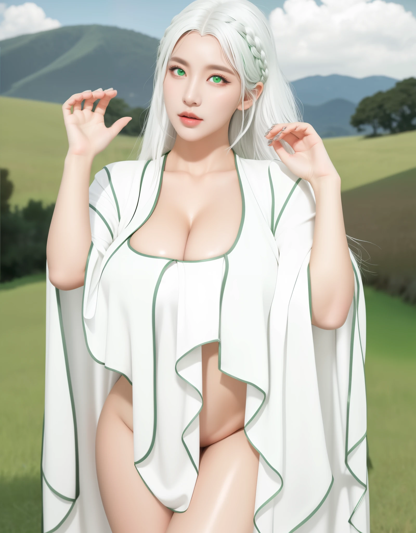 An Idol k-pop girl, (cute face:1), (lewd face:1), braid hair, intricate face details, detailed face, golden ratio face, ((huge breasts:1)), ((large breasts:1)), ((giant breasts:1)), ((big breasts:1)), ((slim waist:1)), ((big butt:1)), ((big hip:1)), ((big thighs:1)), ((thick thighs:1)), ((intricate hands:1)), ((detailled hands:1)), ((intricate feets:1)), ((detailled feets:1)), (polished skin:1.3), (sweaty:1), (thicc:1), (erotic:1), (perverted:1), (she is sexually aroused:1), (full body:1), (look at viewer:1.3), 64K, UHD, HDR, global illumination, (high quality, high detailed, hyper detailed, extremely detailed), photo realistic, ultra realistic, art photo, (clarify the details, detailed parts body), intricate artwork masterpiece, trending on artstation, massive mommy milker, (horny face:1), (white hair:1.3), (light green eyes:1.3), standing, posing, plants, soil, sky, mountain, trees, meadow, grass, jungle, clouds, white coat, see through clothes, her hands were raised in front of his face as if threatening,