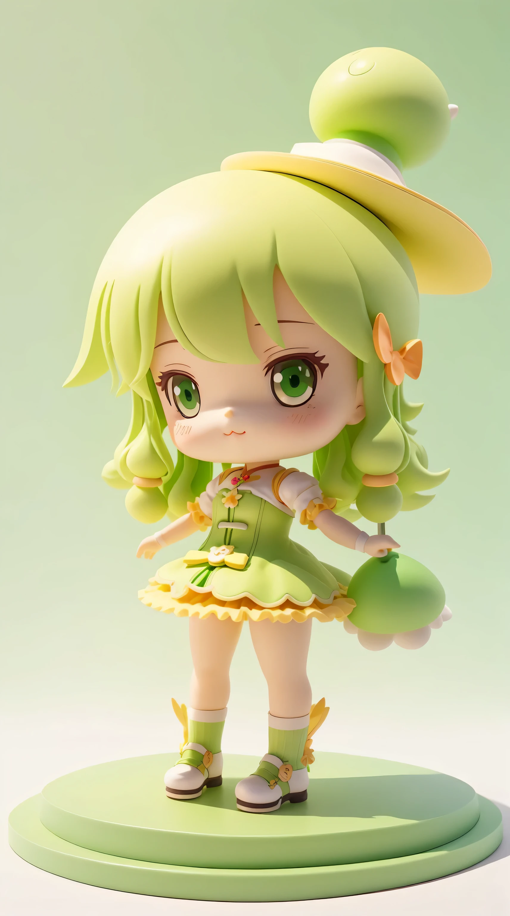 There is a little doll,Wearing a green hat,wearing green clothes, Shaoli slim figure, Character art of Maple Leaf Story, 🐿🍸🍋, petite pear shaped figure, Maple Leaf Story style, vinyl toy figurines, Kewpie Mayonnaise, Official illustration, cute core, Official rendering, official art, 3 d render official art, melting into lilligant white background,simple_background,whole body,Beijing_Demon Angel, chibi ,
