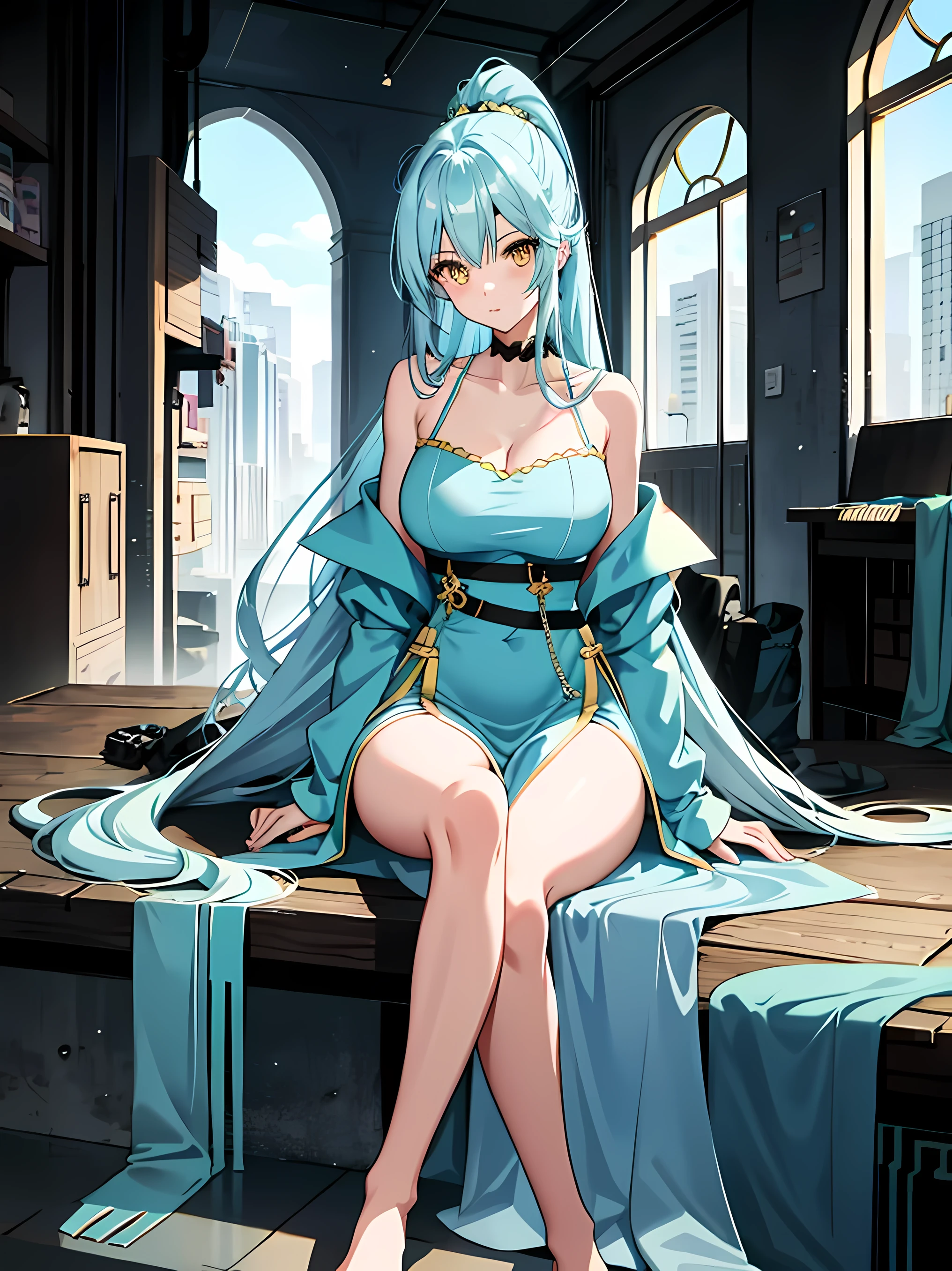 Anime, female, light blue hairs, yellow eyes, long hair, ponytail, massive , long dress, thigh, bare shoulder, collarbone, sitting, looking at viewer, in building,