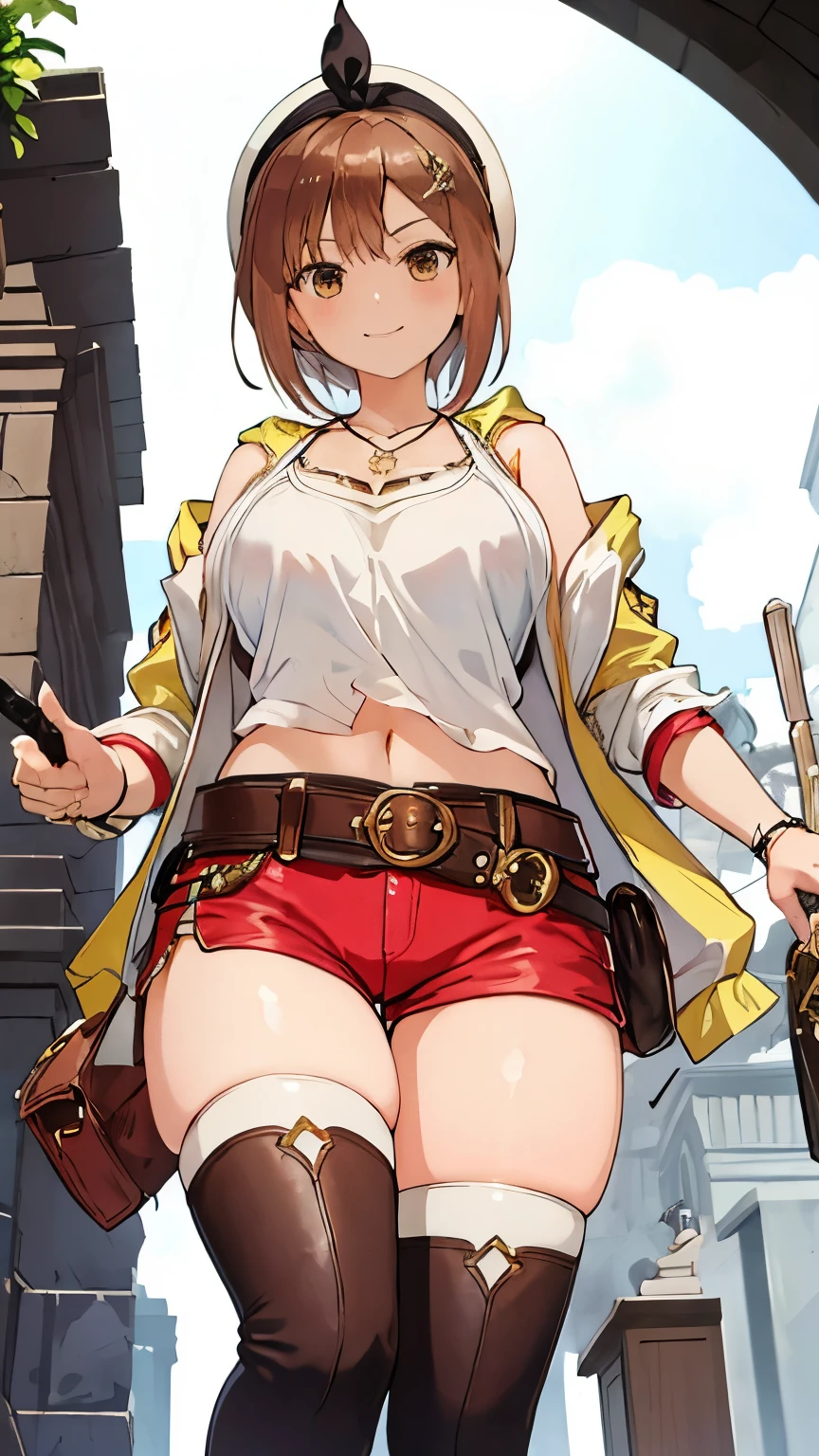 Ryza, 1 girl, alone, shorts, gloves, belt bag, have, head ribbon, jewelry, red shorts, brown hair, thighs thighs thighs, short shorts, bridal leg wear, necklace, brown eyes, single glove, hair ornaments, Barrette, star necklace, shoes without toes, leather, star (symbol), white hat, Brown gloves, Knee-high boots, short hair, thighs thighs thighs, leather Belt, brown belt, leather gloves, Jacket, blue belt, belly button, thigh boots, ノースリーブJacket, thigh pouch, white thighs, clavicle, 黄色のJacket, brown shoes, cleavage, huge breasts, ((alchemy)), ((flask)), (((close up of thighs))), ((open your legs)), ((sit)), (happy smile),midriff peak, (((angle from below)))