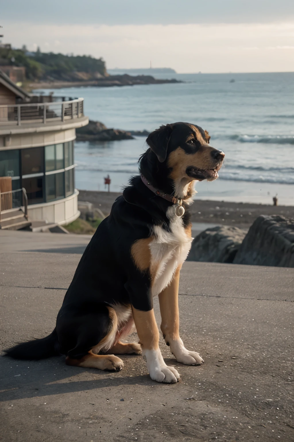 a dog，seaside，Beauty，large panorama，science fiction，Japanese-style