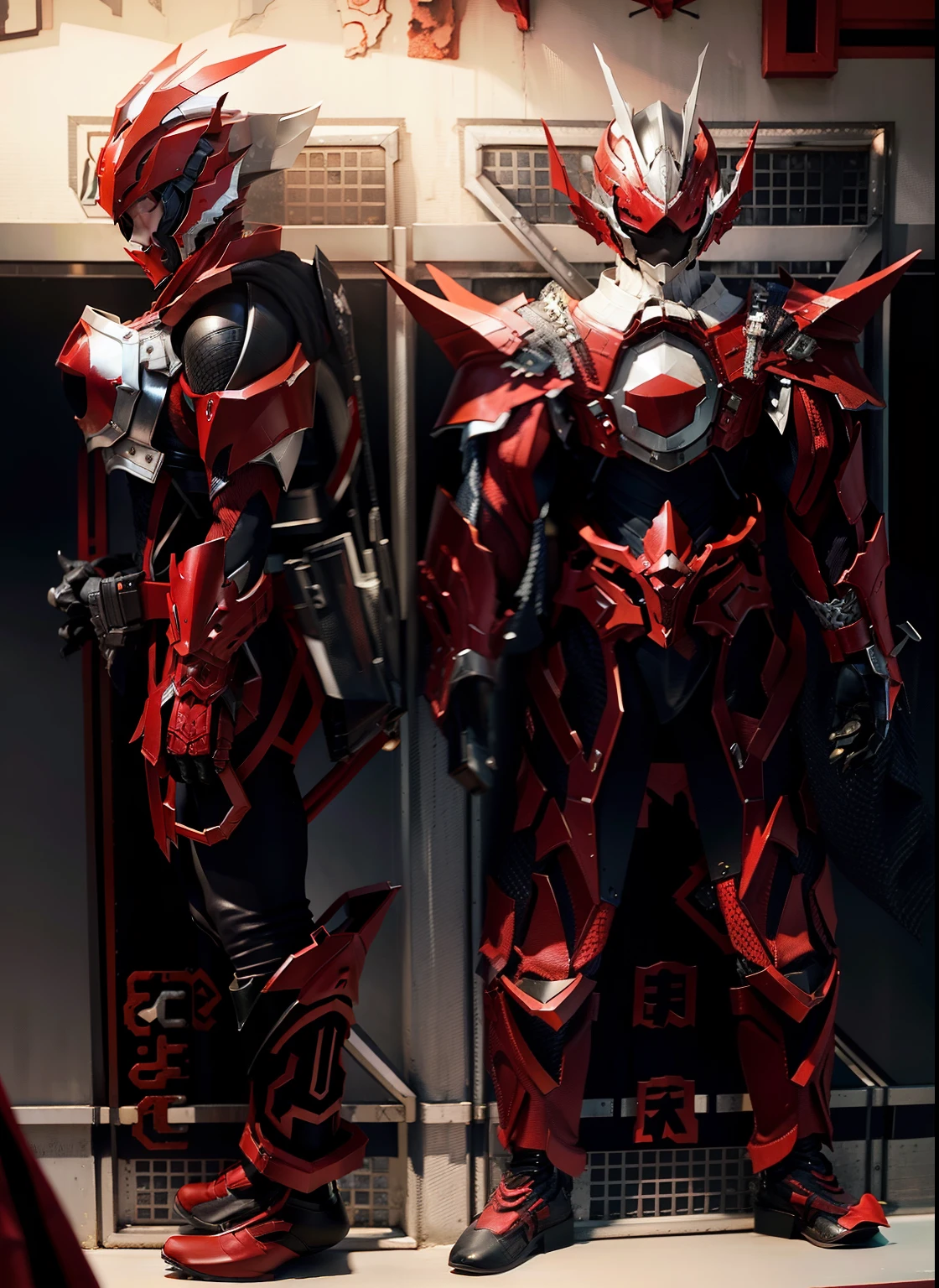 Change color to red，some silver thread（Ensure its layering and armor texture，Red is the dominant color,The upper body is completely red，Please help to improve the layering of shoulders，The legs remain intact and have gradient colors）