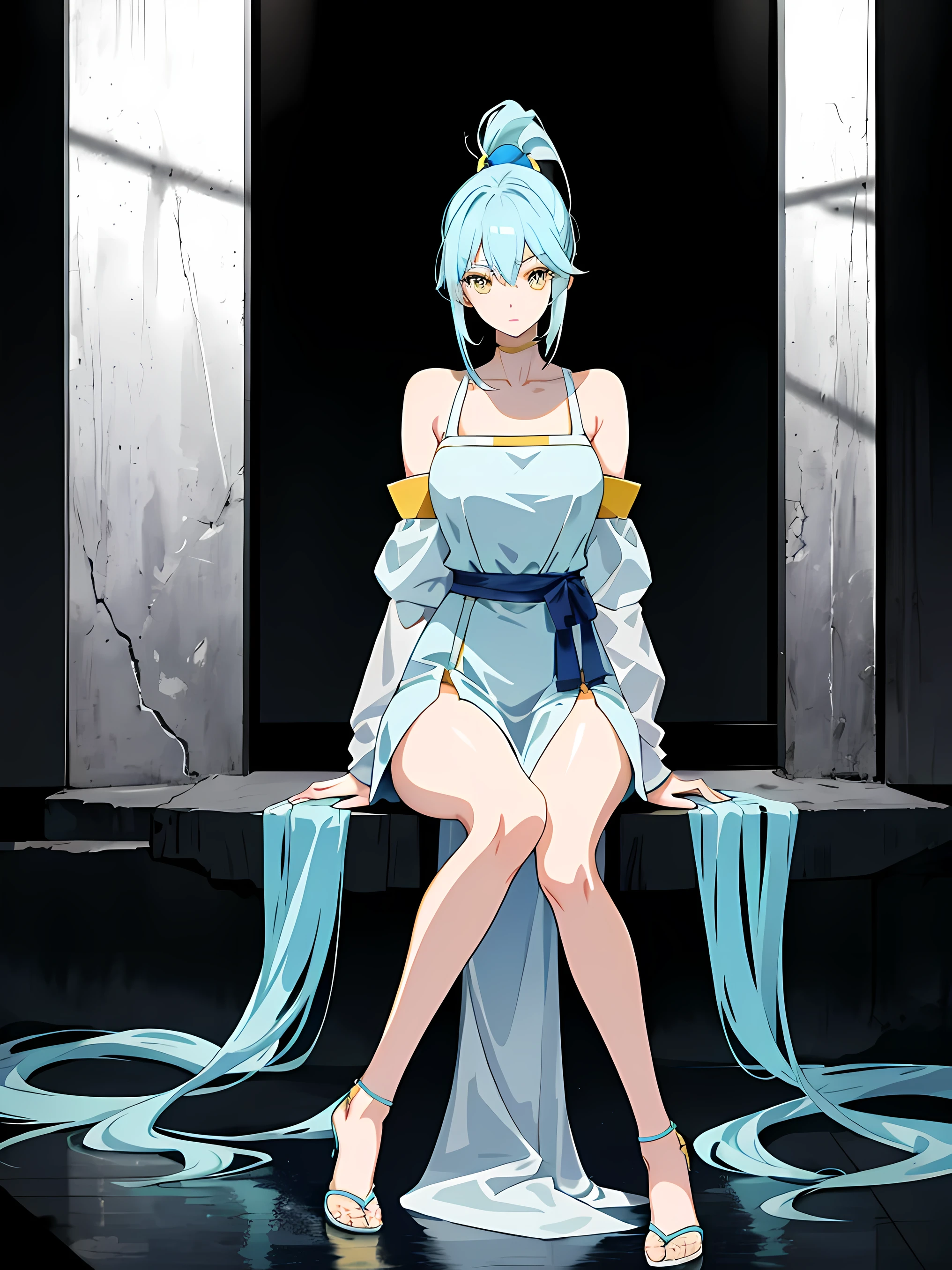 Anime, female, light blue hairs, yellow eyes, long hair, ponytail, massive , long dress, thigh, bare shoulder, collarbone, sitting, looking at viewer, in building,