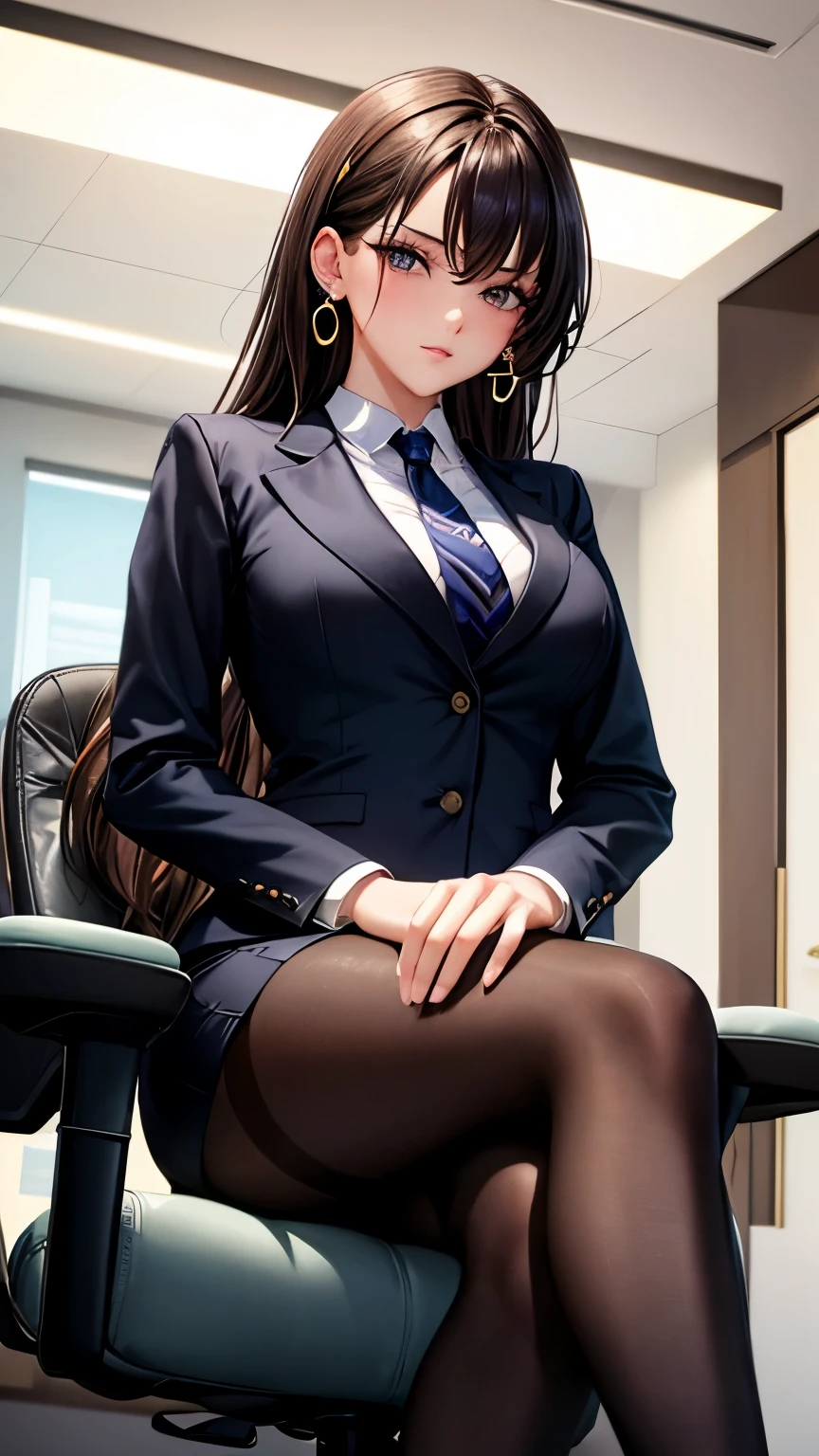 (Masterpiece), ((Best quality)), (Masterpiece,Best quality,offcial art,Extremely detailed Cg Unity 8K wallpaper), (the most Noble and beautiful), (Highly educated woman),Beauty photo, A lady，solo,(Elegant upper-class super elite secretary in a business shirt),Perfect look，Double eyelid eyes，Delicate makeup， working in an office,wearing a strict business suit, (Wear pantyhose),Wear high-end heels,Girl in shirt, dressed in a suit, huge tit,full bodyesbian,dressed in a suit, dressed in a suit, merchant, Business clothes, wearing black suits, Wear a shirt and skirt, Woman in a suit, Business attire，Computer chair，Seated，Erlang legs，high-heels，view the viewer，brightly，Complicated details，foot focus,from below,cool beauty,(tall girl),Dark brown hair, Small piercings,Precisely expresses details such as face and skin texture,(the most beautiful face and eye), double eyelid,delicate skin,slender body shape,alone,small breasts,(Wearing the most beautiful and noble small earrings),