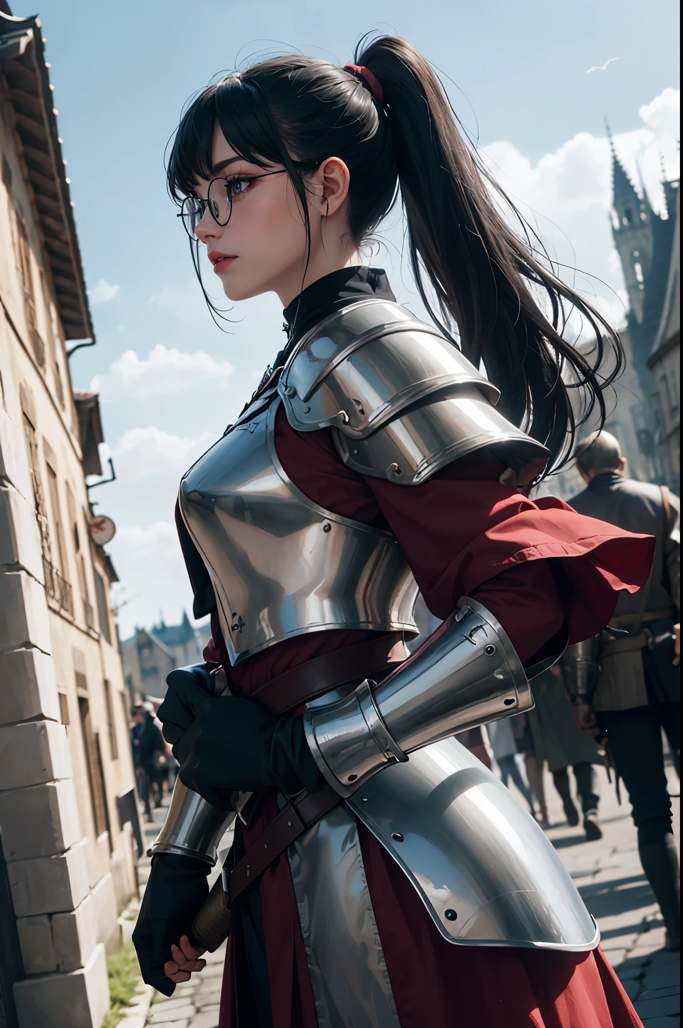 ((wide angle shot of the Hundred Years' War in France)), a beautiful woman, ((look at the viewer)), black hair in a ponytail, bangs, wearing glasses, wearing Jeanne d'Arc armor