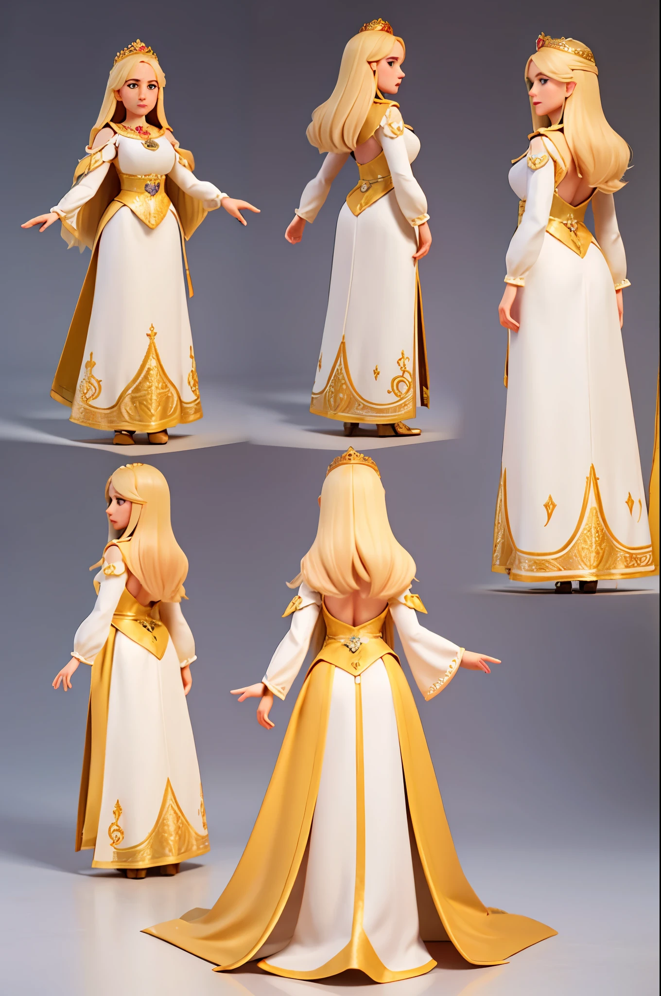 A hyper consistent character of a middle-aged queen, long hair, blond, standing on the floor. The queen is wearing very beautiful medieval clothes. Full body view, front view, profile view and back views. White background. Very refined image. Character very consistent. front view, profile view and back views.