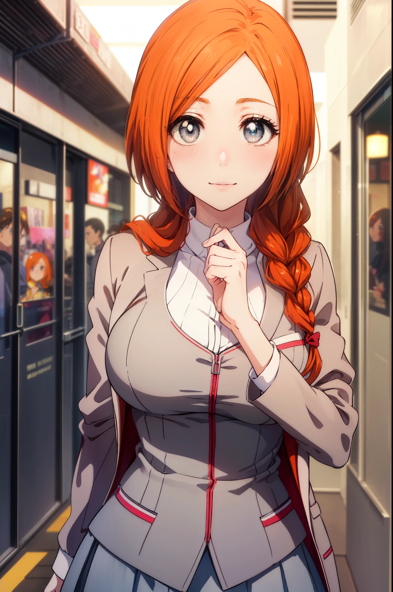 inoueorihime, inoue orihime, long hair, orange hair,Braid,low ponytail (gray eyes:1.5),big breasts,blush,smile,white long coat,gray muffler,white sweater,long skirt,shopping,boots,
壊す looking at viewer, (cowboy shot:1. 5)
destroy indoors, mall,shoppingセンター
壊す (masterpiece:1.2), highest quality, High resolution, unity 8k wallpaper, (figure:0.8), (detailed and beautiful eyes:1.6), highly detailed face, perfect lighting, Very detailed CG, (perfect hands, perfect anatomy),