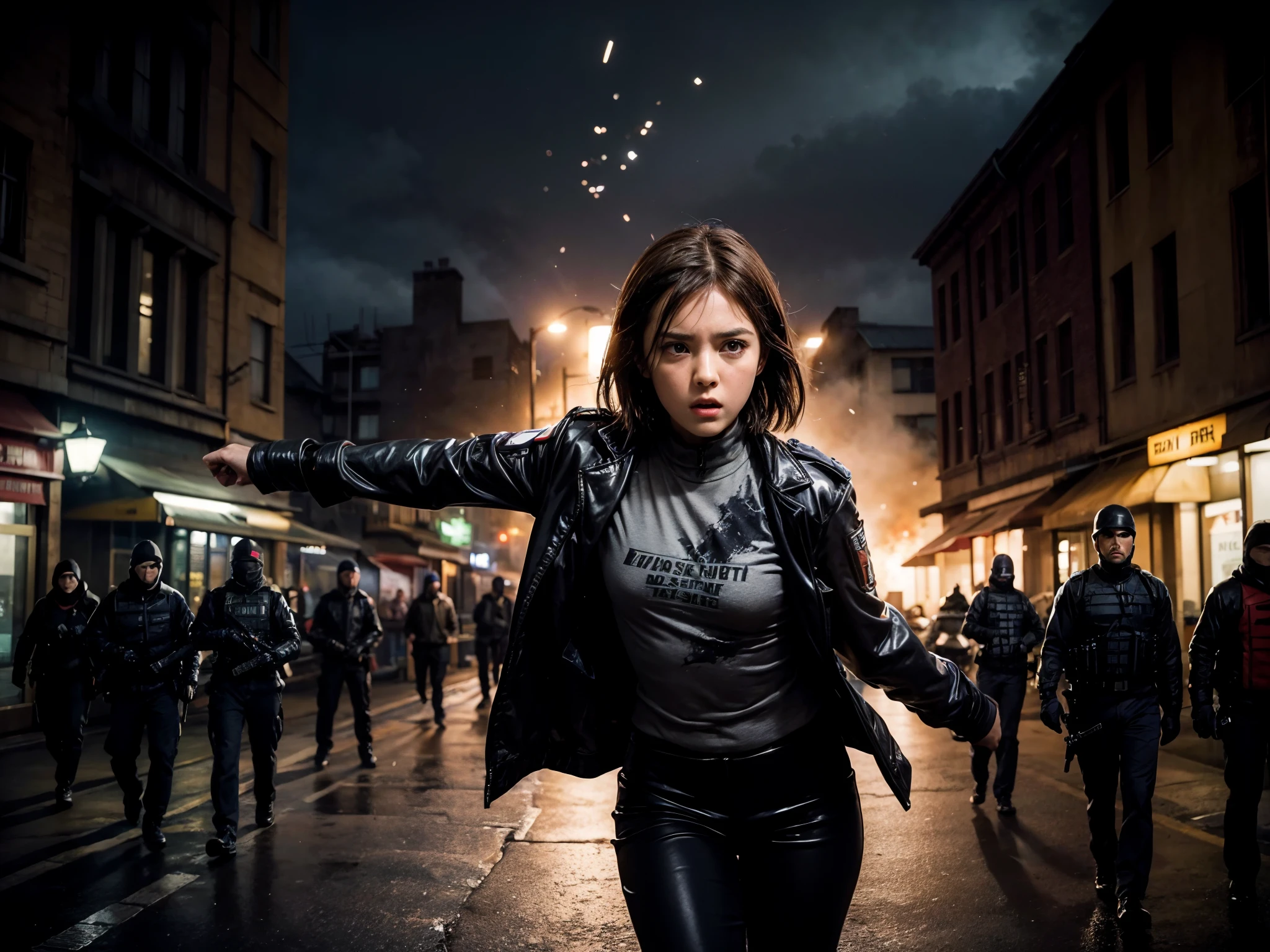 (main subject: Gunfight with enemy spieedium: Action movie poster),(detailed facial expressions, intense gazes),(high contrast, dark tones),(cinematic lighting),(best quality, HDR, vivid colors),(gunfire and smoke, bullets flying),(tense atmosphere, suspenseful),(action-packed, dynamic poses),(secret agent wearing a suit, sunglasses and earpiece),(one of the spies in disguise, blending into the crowd),(urban setting, city streets at night),(shattered glass, debris in the air),(slow motion effect, motion blur),(targeting scopes and laser sights),(silencers on the guns, stealthy),(explosions and sparks),(high-tech gadgets),(dangerous and thrilling),(fast-paced, adrenaline-filled),(hidden passages and secret entrances),(double agents, betrayal),(highly trained agents, martial arts),(unpredictable twists, unexpected turns)