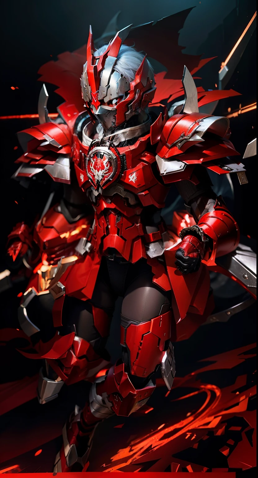 Change color to red,some silver thread(Ensure its layering and armor texture,Red is the dominant color,The upper body is completely red,Please help improve the layering of the shoulders,The legs remain intact and have gradient colors)