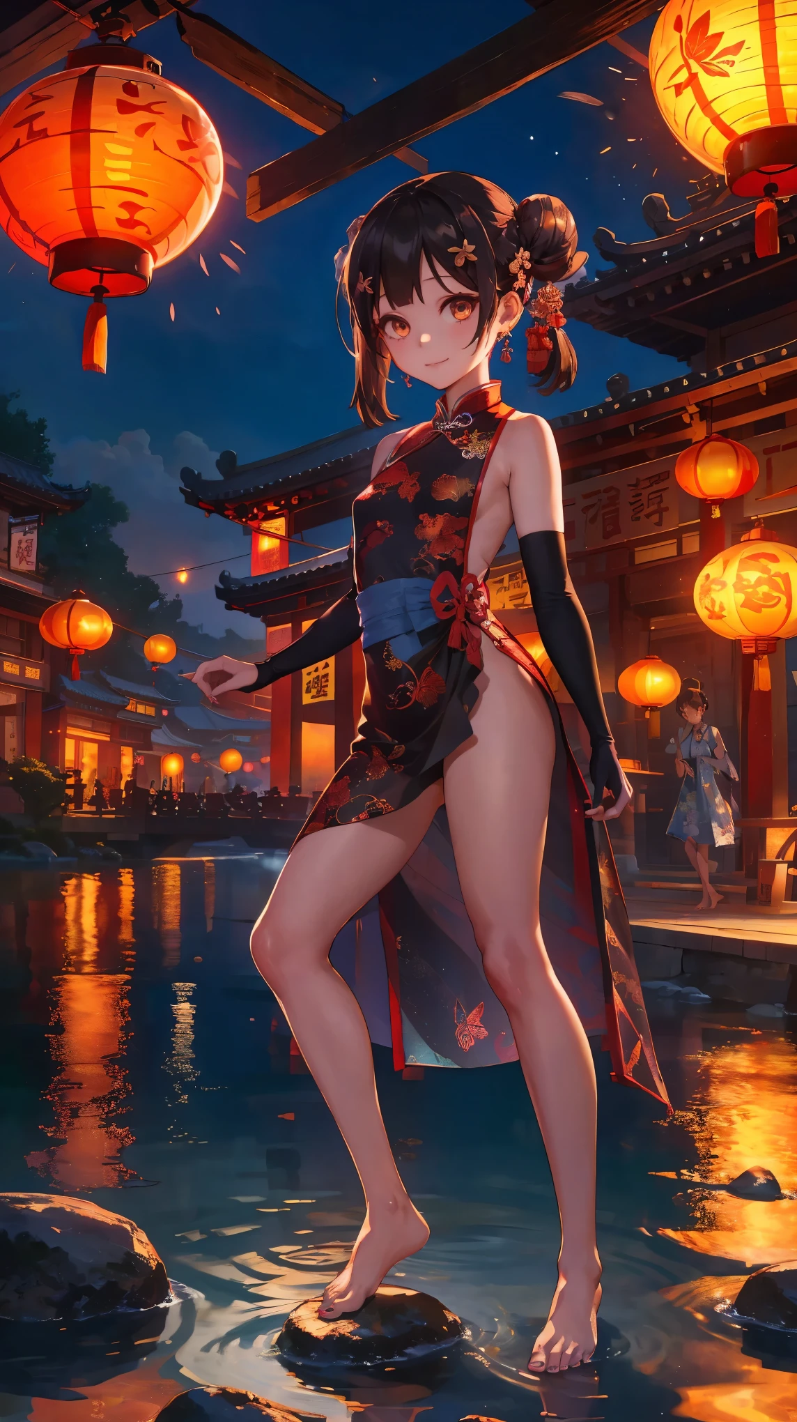 (wide shot),1girl, (Miyu Edelfelt),****,black hair,brown eyes,seductive smile,nsfw, barefoot, see-through dress, butterfly, butterfly hair ornament, backless dress, chinese clothes,sleeveless, double bun,golden dragon print,bare foot,,elbow gloves,hair bun, hair ornament,jewelry,earrings,anklet,slim legs,nail polish, small breasts, solo, toenail polish, toenails, toes, twintails,outdoor,Chinese style architecture, Chinese style, lake, ancient town, beautiful and meticulous water,the red lantern,fireworks,