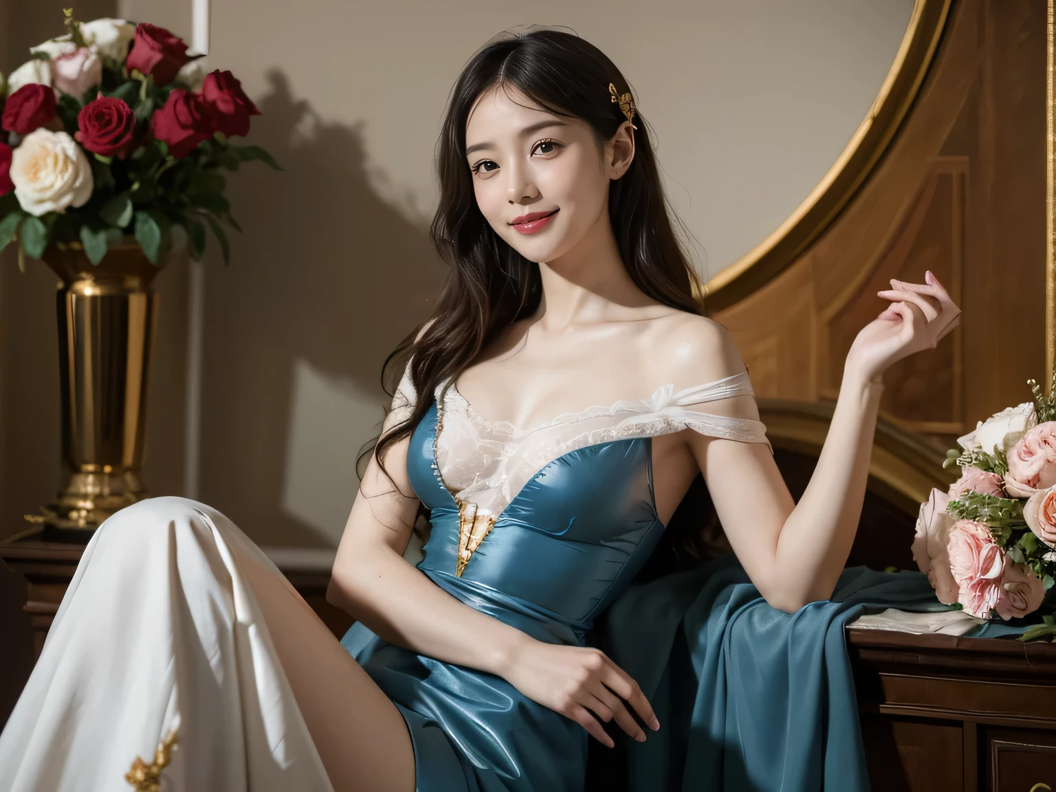 Jacques-Louis David painting style,Arguments of two female Philosophe,ath、astronomical machine、astronaut、roses in vase、fruits、Cute trinkets、smile、ancient greek costume、Sandro Botticelli paintings、Clothes that stretch your shoulders、A big smile、beautiful bare skin、A detailed representation of the seducing woman throughout her body.