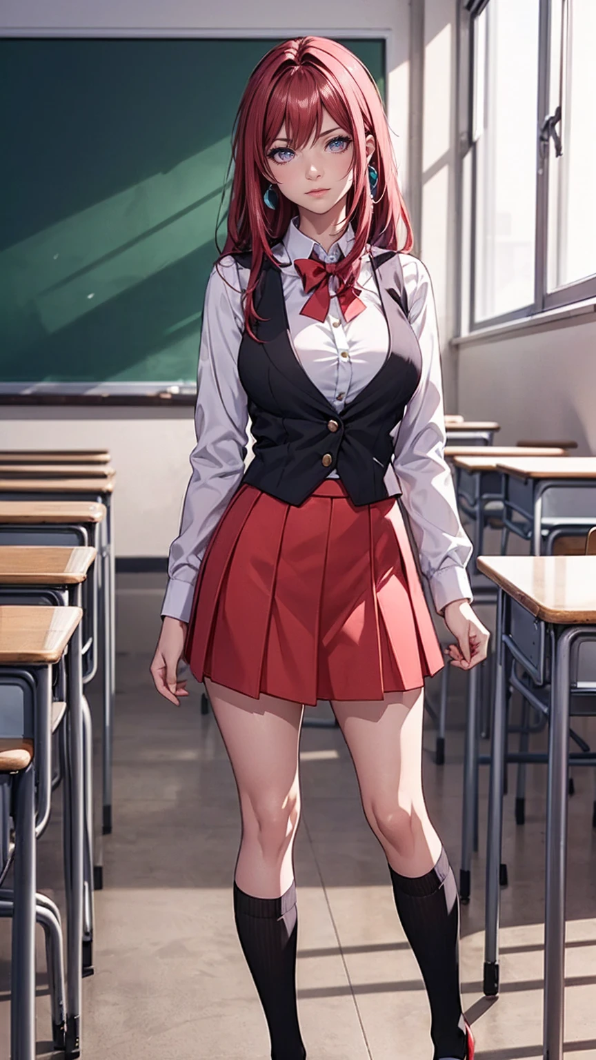 (((JC girl, school uniform), black waistcoat, dress shirt, white shirt, low heels, long socks, black socks, school, classroom, red skirt, skirt)), (dark purple eyes), TakashiroHiroko, 1girl, mature woman, alone, cowboy shot, looking at viewer, blushing, dark purple eyes, long hair, red hair, earrings, jewelry