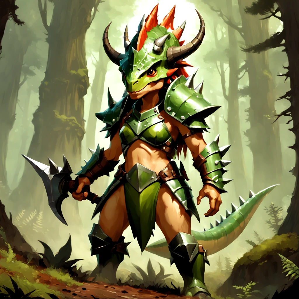 Elf with spiked hair and clad in dinosaur-like platted armor with a dinosaur-like helm with a front horn and two curved large horns background forest Painted By Andreas Rocha