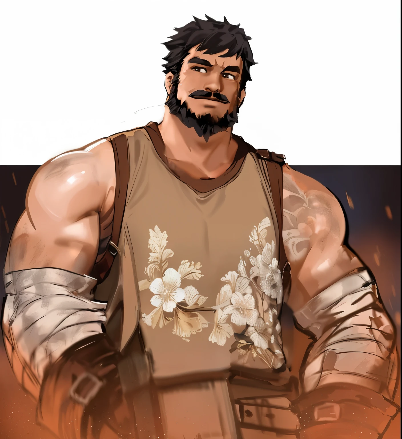 masterpiece, best quality, ultra-detailed, 1man, solo, bara, hunk. muscular, strong, jock, black hair, black beard, chin beard, mustache, brown eyes, brown tanktop, sleeveless, bandages on forearms, smithing, looking side, smirking, half body shot