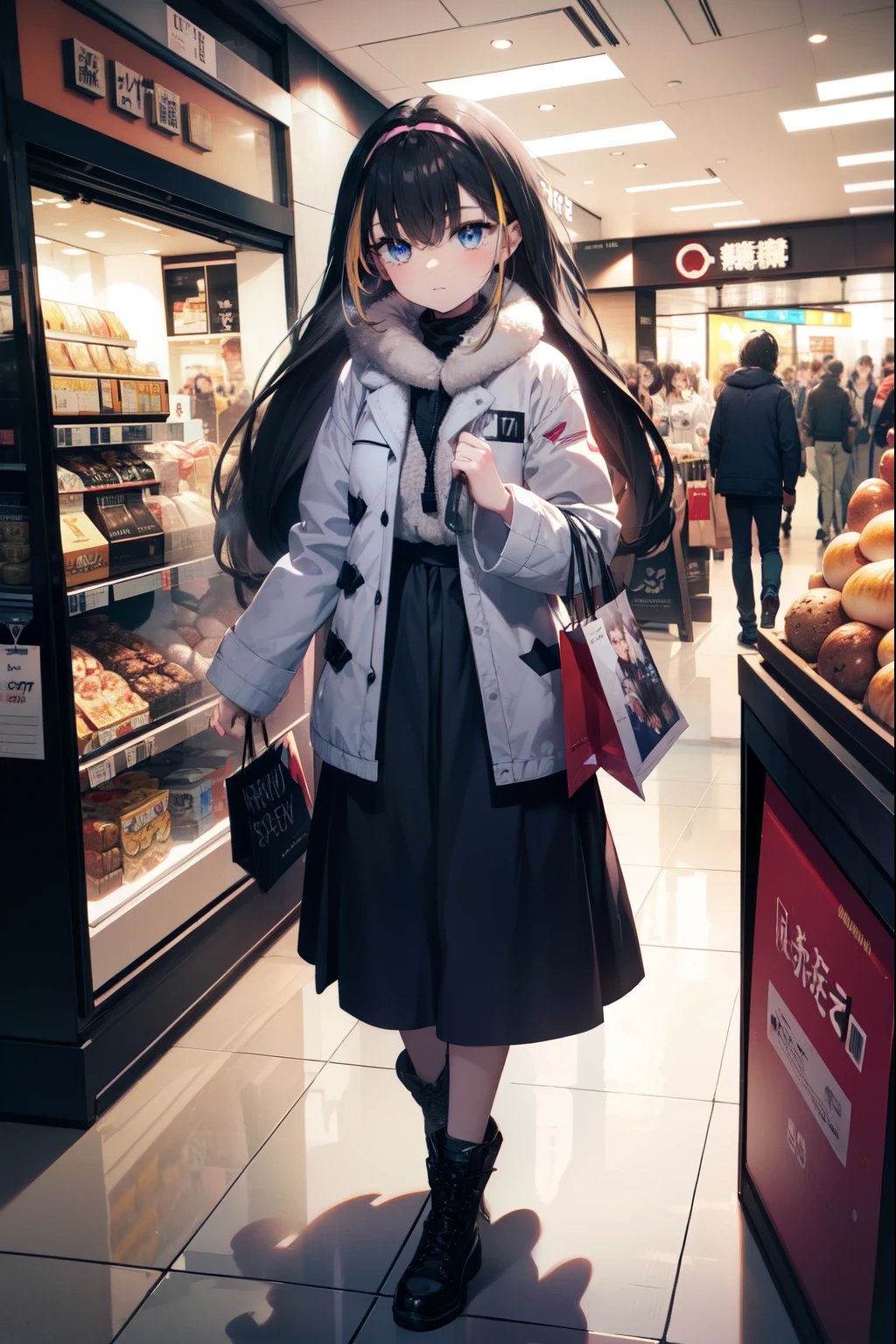 small, small, black hair, blue eyes, demon tail, hair band, long hair, mechanical tail, colorful hair, tail, white long coat,Gray muffler,white sweater,long skirt,short boots,Shopping, walking,
壊す looking at viewer, whole body,
destroy indoors,mall,Destroy the shopping center (masterpiece:1.2), highest quality, High resolution, unity 8k wallpaper, (figure:0.8), (beautiful detailed eyes:1.6), extremely detailed face, perfect lighting, extremely detailed CG, (perfect hands, perfect anatomy),