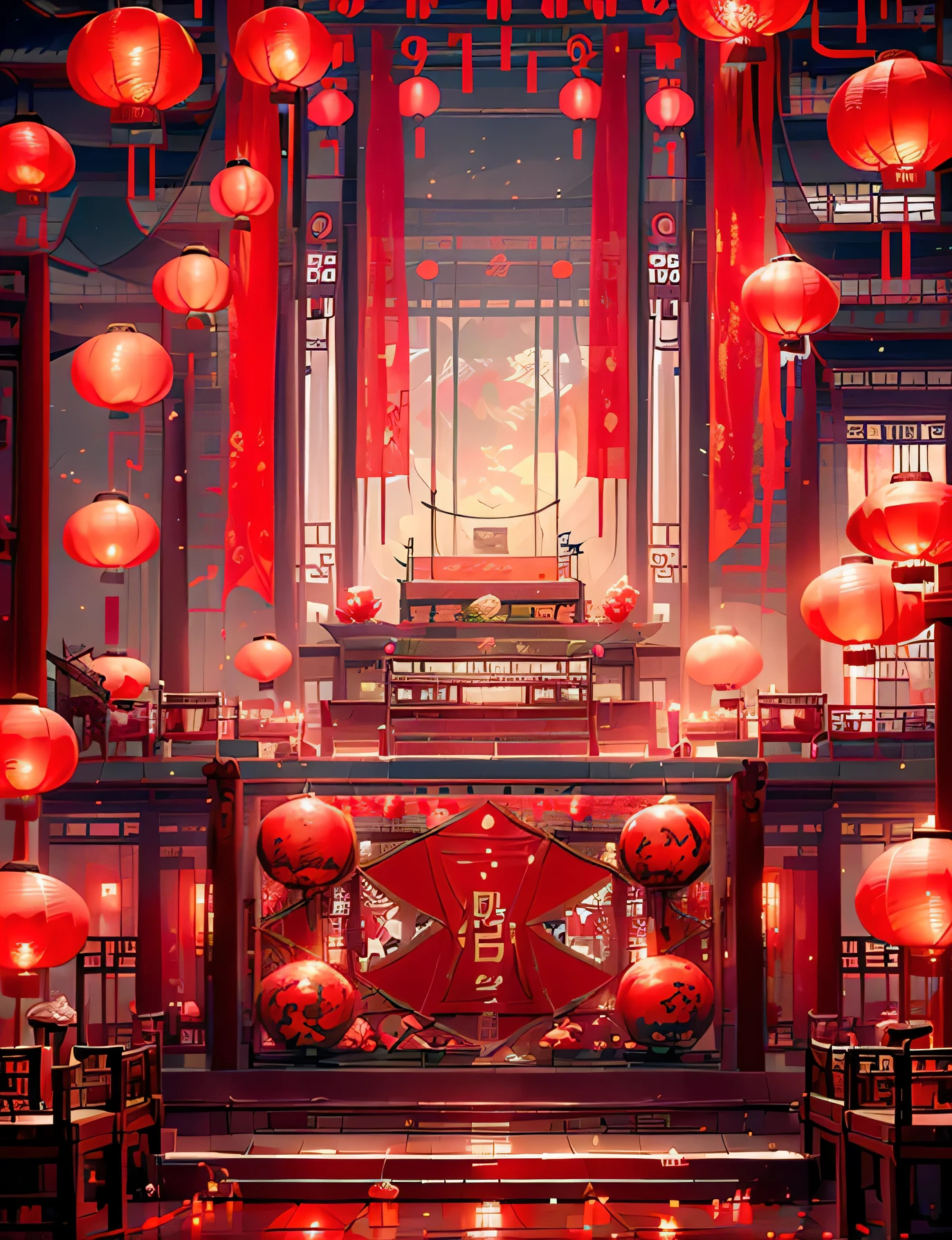 Chinese Red Lantern Festival, night,Lanterns hanging in the air,There are many lanterns hanging around,Surrounded by a warm and comfortable atmosphere. High resolution digital rendering, Ensure the highest quality and detail. bright colors、Full of energy, Create visually stunning representations for holiday celebrations. Well designed lighting, Focus on capturing the warm and peaceful atmosphere at night. The artwork is a masterpiece, With ultra-fine elements and realistic, Realistic style. Red lanterns representing the Lantern Festival. The scene is full of joy, like, and togetherness, Capture the essence of the festival,