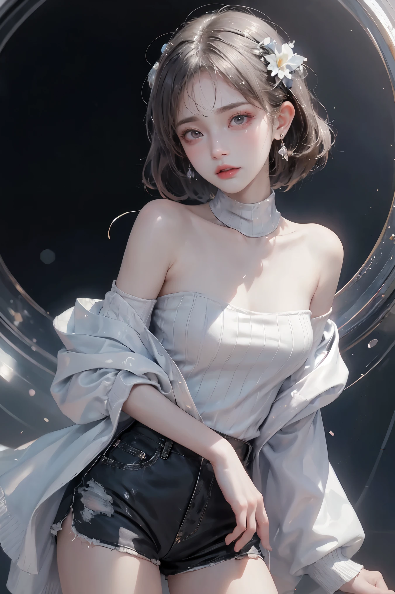 side slate), best quality, Very detailed, (watercolor), bloom, Exquisite and beautiful, illustration, (from below),(1 girl:1.4), (alone:1.2), big breasts, (ribbed sweater:1.3), off shoulder sweater, (shorts:1.2), bare shoulders, (Lower chest), ((dark skin:0.8)), beautiful eyes, (disheveled hair ), photography, over the shoulder shot, by Alex Maleev, professional, canon camera, Nikon camera, sharp, Bokeh, Studio quality, Fisheye lens, Robert Capa ,SLR camera