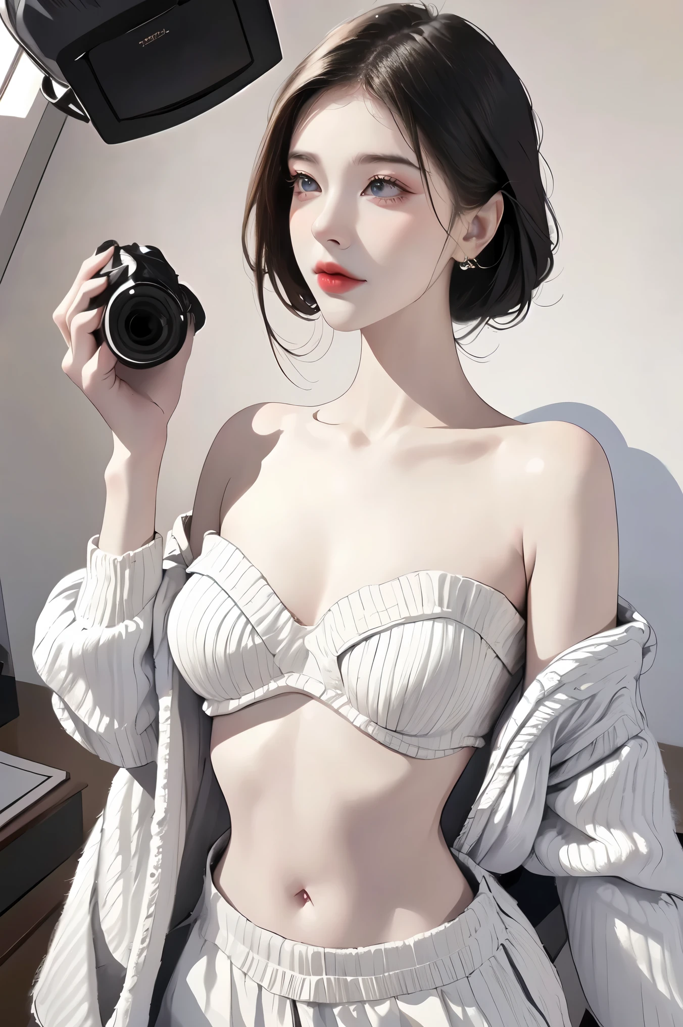 side slate), best quality, Very detailed, (watercolor), bloom, Exquisite and beautiful, illustration, (from below),(1 girl:1.4), (alone:1.2), big breasts, (ribbed sweater:1.3), off shoulder sweater, (shorts:1.2), bare shoulders, (Lower chest), ((dark skin:0.8)), beautiful eyes, (disheveled hair ), photography, over the shoulder shot, by Alex Maleev, professional, canon camera, Nikon camera, sharp, Bokeh, Studio quality, Fisheye lens, Robert Capa ,SLR camera