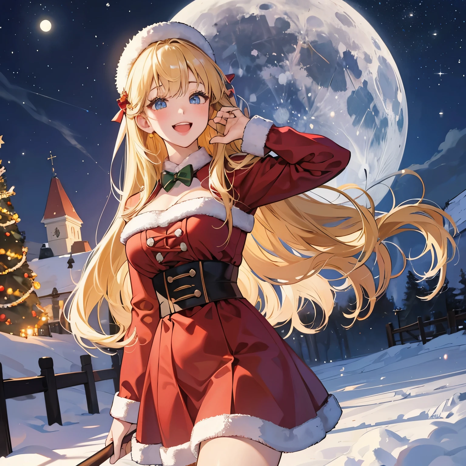 double sided hairstyle, cute santa claus costume, Accentuated breasts, 별처럼 빛나는 아름다운 보라색 eye, blonde hair, Very detailed and very beautiful big smiling face, shy face, blushing cheeks, white breath , Christmas Present, Present, ;d, 반짝이는 eye동자, 아름답고 d테일한 머리카락, alone, Ultra-fine illustration, holy night, white christmas, full moon, eye, eyey night, full moon, christmas tree, magic lights church background