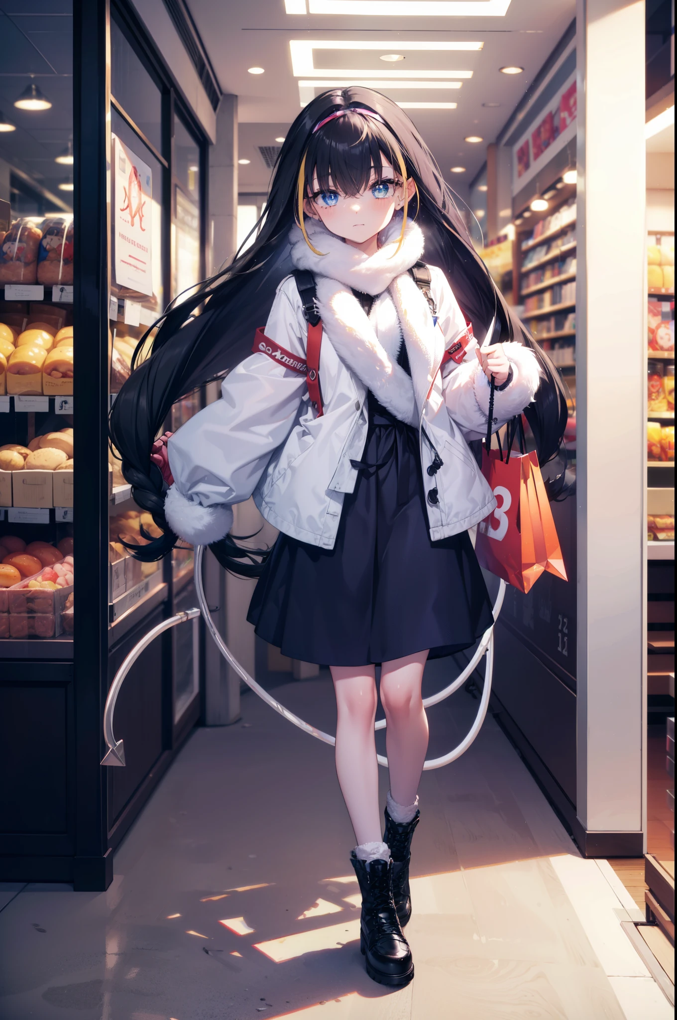 small, small, black hair, blue eyes, demon tail, hair band, long hair, mechanical tail, colorful hair, tail, white long coat,Gray muffler,white sweater,long skirt,short boots,Shopping, walking,
壊す looking at viewer, whole body,
destroy indoors,mall,Destroy the shopping center (masterpiece:1.2), highest quality, High resolution, unity 8k wallpaper, (figure:0.8), (beautiful detailed eyes:1.6), extremely detailed face, perfect lighting, extremely detailed CG, (perfect hands, perfect anatomy),