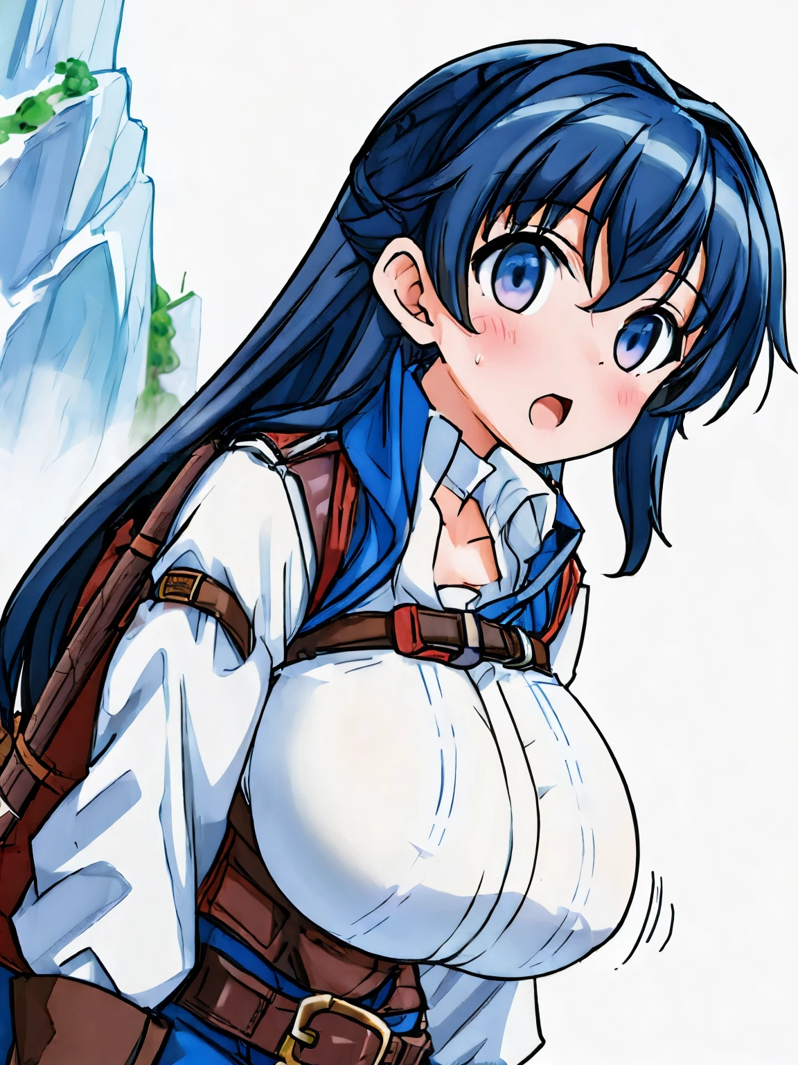 ( girl), (huge breasts:1.2), (adventurer outfit:1.5), (white background)
