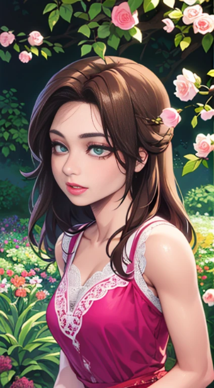 beautiful detailed eyes,beautiful detailed lips,extremely detailed eyes and face,longeyelashes,medium:oil painting,pink dress,soft fabric,textured lace,flowing skirt,romantic atmosphere,lush garden,fragrant flowers,delicate petals,green foliage,best quality,ultra-detailed,photorealistic,vibrant colors,soft lighting.