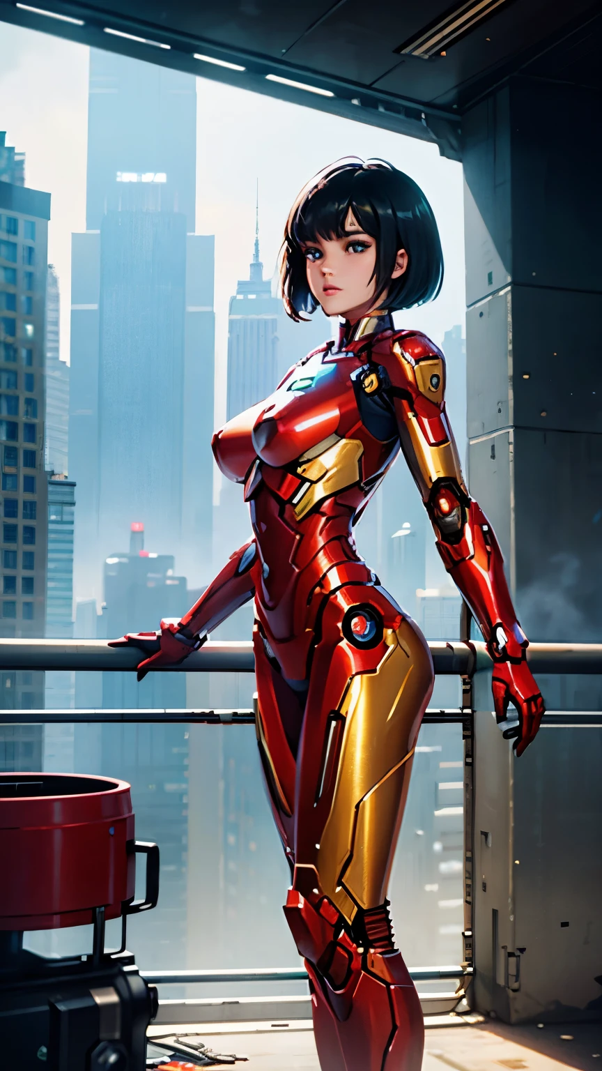 RAW, Masterpiece, Ultra Fine Photo,, Best Quality, Ultra High Resolution, Photorealistic, Sunlight, Full Body Portrait, Stunningly Beautiful,, Dynamic Poses, Delicate Face, Vibrant Eyes, (Side View) , she is wearing a futuristic Iron Man mech, red and gold color scheme, highly detailed abandoned warehouse background, detailed face, detailed and complex busy background, messy, gorgeous, milky white, high detailed skin, realistic skin details, visible pores , sharp focus, volumetric fog, 8k uhd, dslr camera, high quality, film grain, fair skin, photorealism, lomography, sprawling metropolis in futuristic dystopia, view from below, translucent,cool beauty,tall woman,black hair,short cut hair,Precisely expresses details such as face and skin texture,beautiful eye,double eyelid,delicate skin,slender body shape,alone,big breast