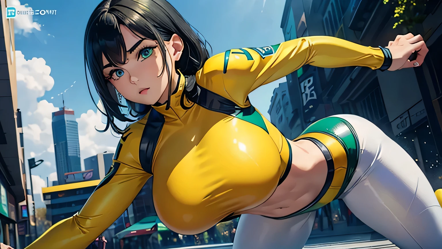 4K, A high resolution, Best quality at best, masterpiece, perfect colors, perfect shadow, perfect litthing, ((sportrait)), 1woman, fit body, heterochromia eyes,dark blue hair , blue eyes, With round lenses, The audience watched carefully, (s face: 1.2), Perfect female figure, ((dynamic pose)), ((green and yellow Tight crop top green and yellow leather suit)), ((shy and looking at viewert)), (Perfect thick white eyebrows) Delicate fur, 详细s face, s the perfect face, , (dynamic pose), big breast, open half breast