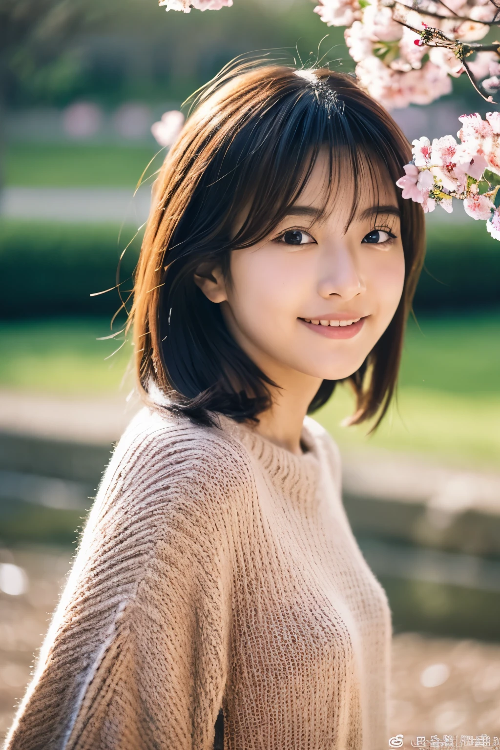 japanese model, beaultiful girl gender,photo style, portrait layout, from front angle, upper body focus, direct eye contact, smile facial expression, park in background, spring, cherry blossom, standing pose, wearing thin brown knit sweater, beautiful composition, cinematic lighting, extremely detailed, 8k, cinematic postprocessing, {{bad fingers,bad-anatomy,missing-fingers}}, {{signature,watermark,username,artist name}}, {{retro style,poor-quality}}