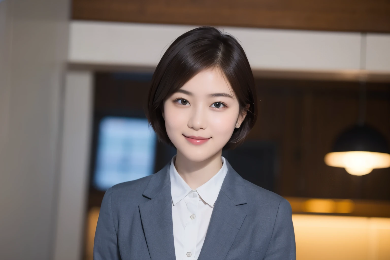 168
Shorthair, a 20 yo woman, gentle smile, working suit