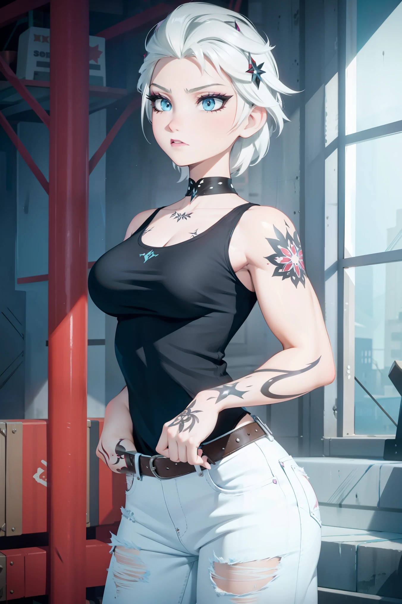 Elsa as Punk girl, black tank top, half shaved head, beautiful, hot, strong arms, sexy, goth girl, goth, tattoos, tattoos, jeans, pale, muscles, strong, sexy, Kong hair