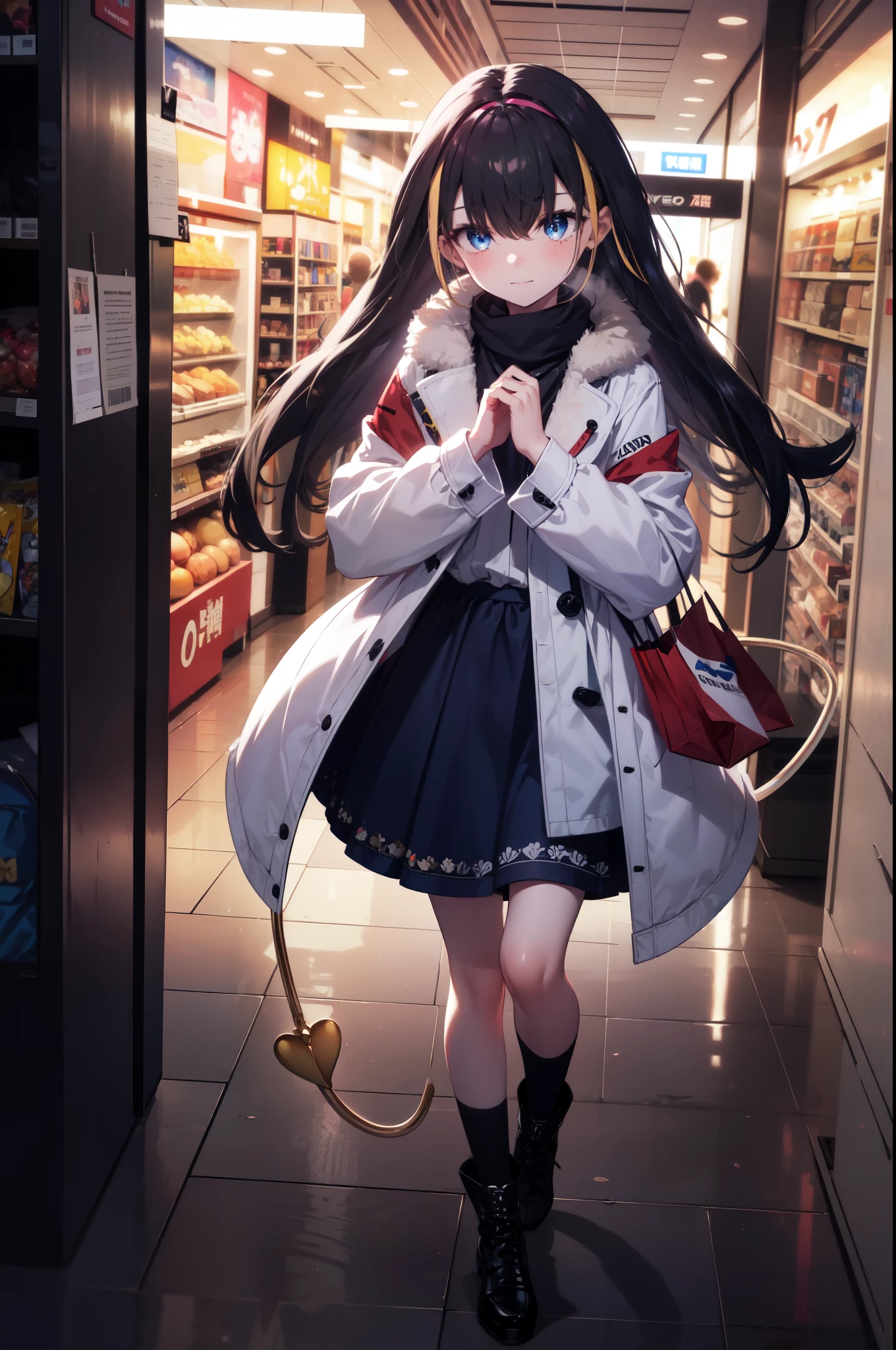 small, small, black hair, blue eyes, demon tail, hair band, long hair, mechanical tail, colorful hair, blush,smile,tail, white long coat,Gray muffler,white sweater,long skirt,short boots,Shopping, walking,
壊す looking at viewer, whole body,
destroy indoors,mall,Destroy the shopping center (masterpiece:1.2), highest quality, High resolution, unity 8k wallpaper, (figure:0.8), (beautiful detailed eyes:1.6), extremely detailed face, perfect lighting, extremely detailed CG, (perfect hands, perfect anatomy),